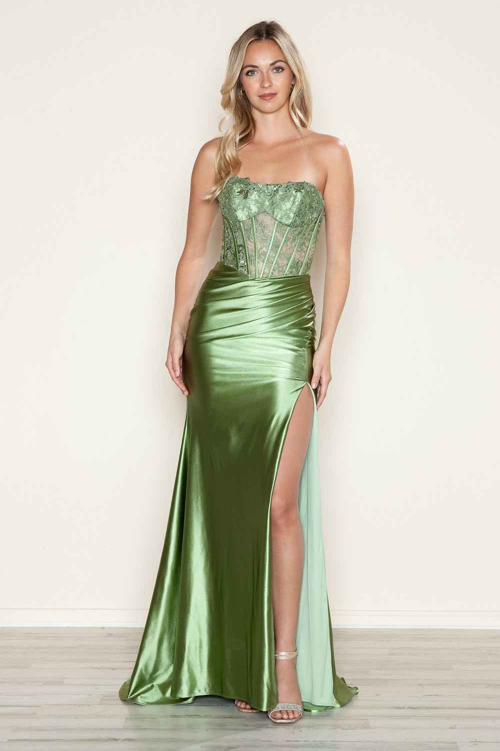 AFIA Beaded Satin Fitted Lace Bodice Slit Prom & Formal Dress