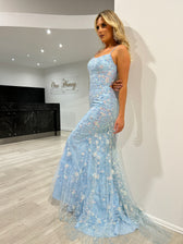 Honey Couture POSY Sky Blue Lace Sequin Applique Mermaid Formal Dress