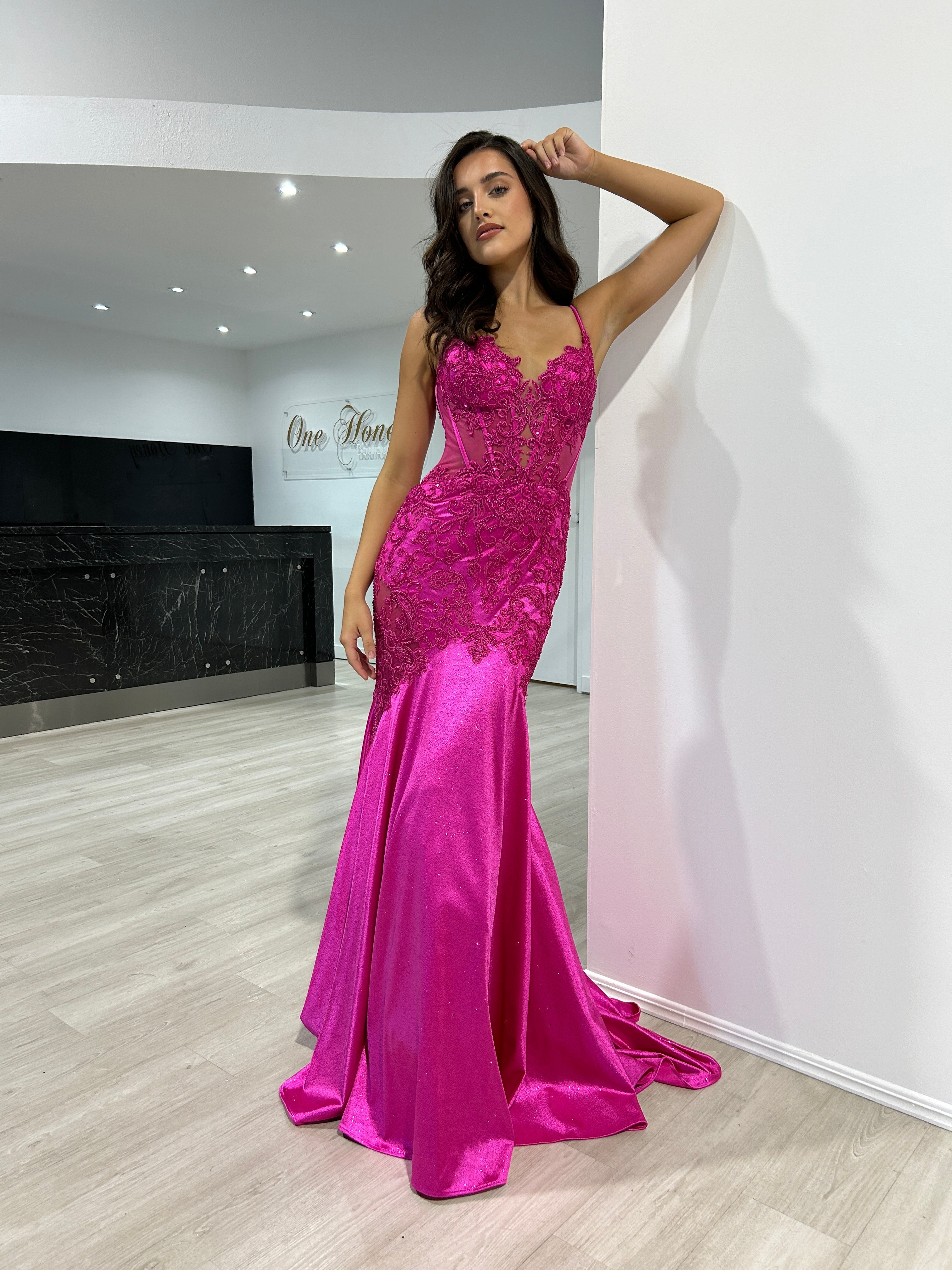 JEAN Lace and Glitter Fishtail Mermaid Formal Dress