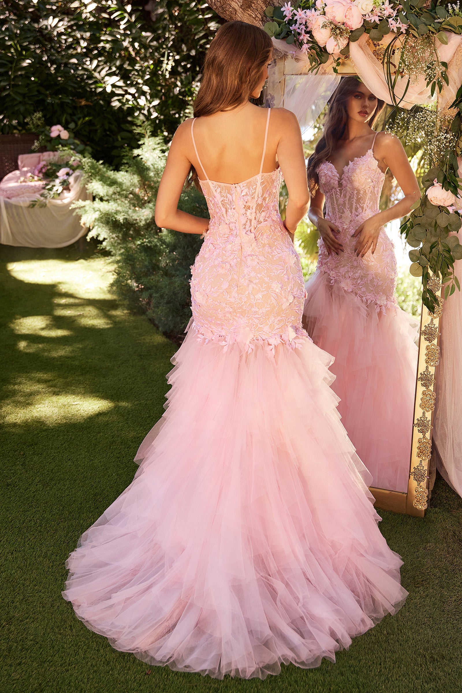 LEXLEY Baby Pink Romantic Floral Applique Tulle Mermaid Prom Formal Gown