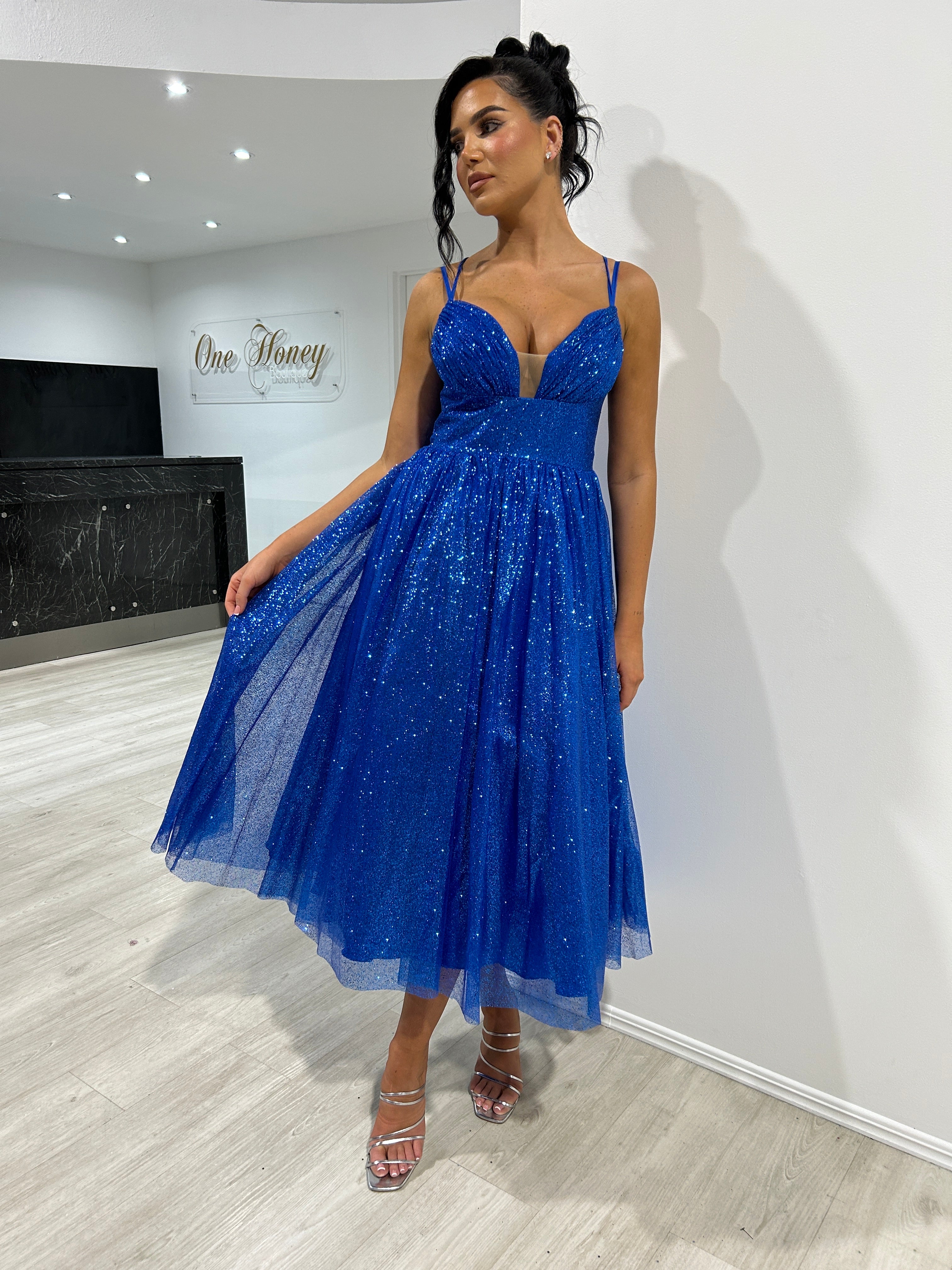 Honey Couture CAM Royal Blue Glitter Tea Length Ball Gown Corset Lace