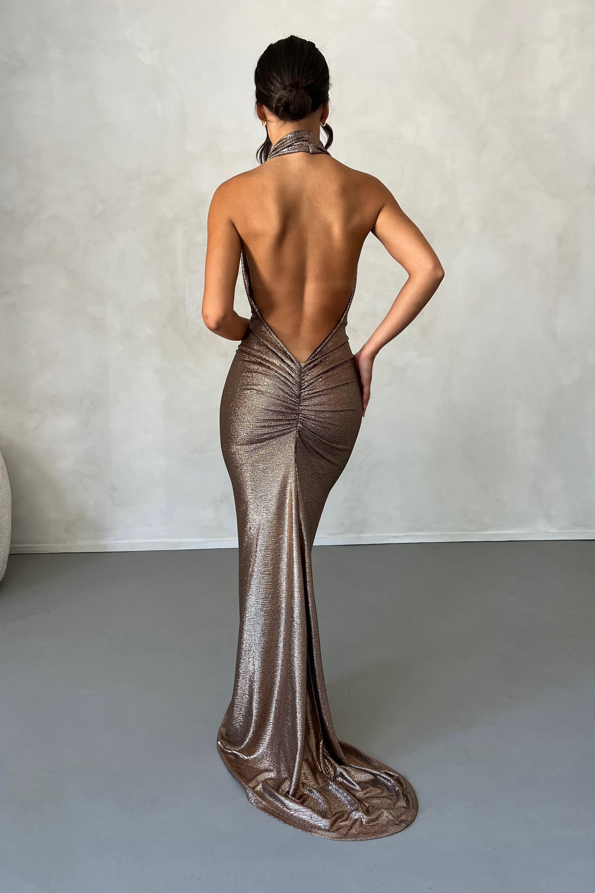 M LANI The Label MARIA Bronze Gold Foil Cowl Neck Open Back Dress