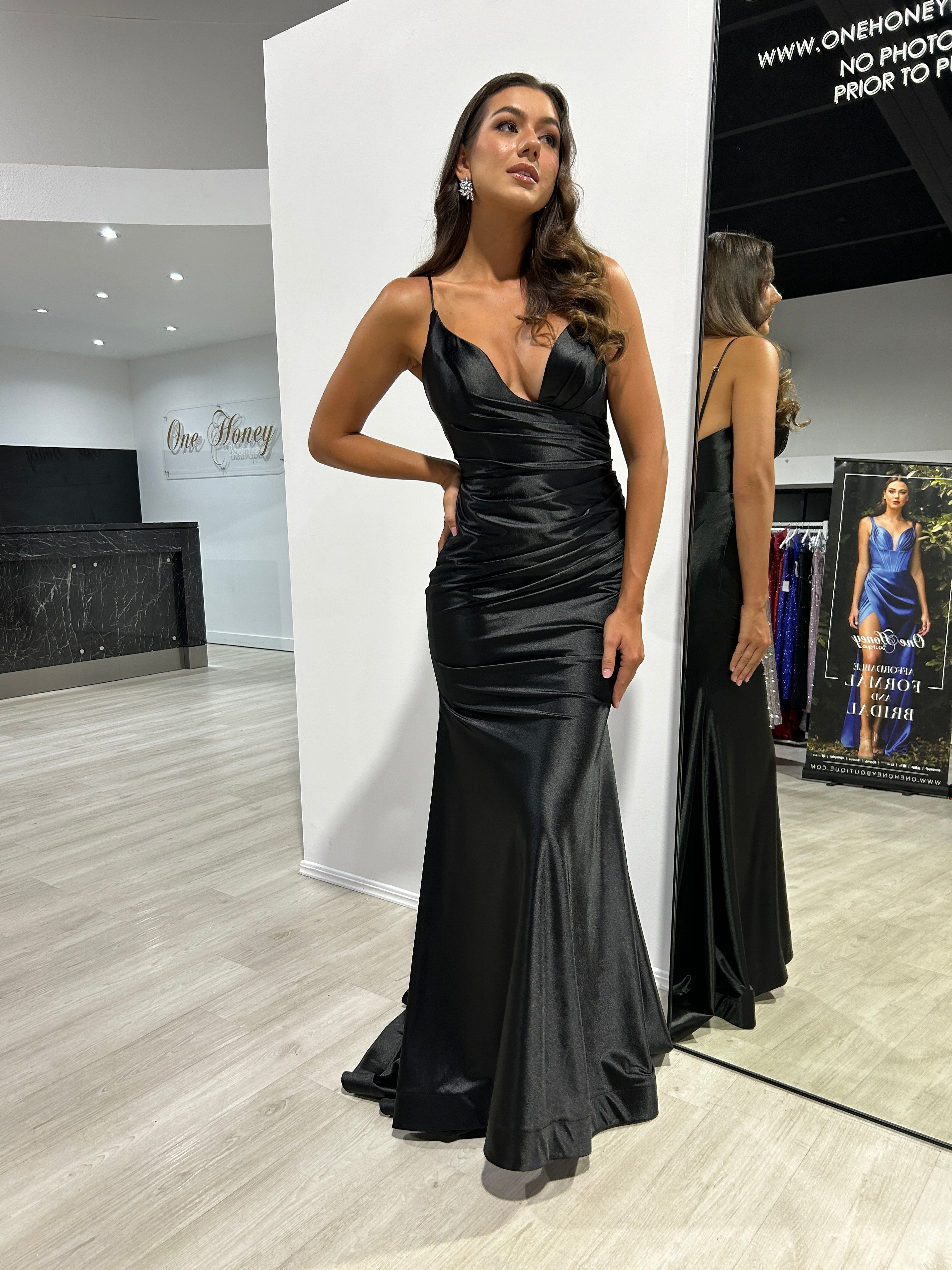 Honey Couture CHARLIE Black Stretch Satin Mermaid Formal Dress