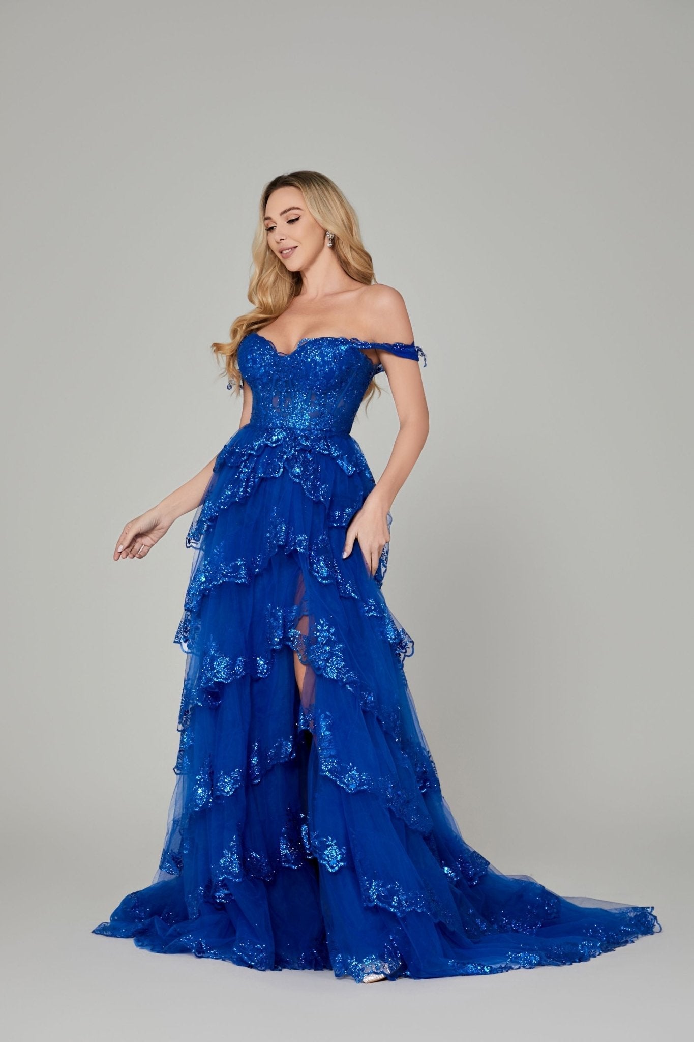Honey Couture NATASHA Royal Blue Off The Shoulder Layered Tulle Ball Gown Formal Dress