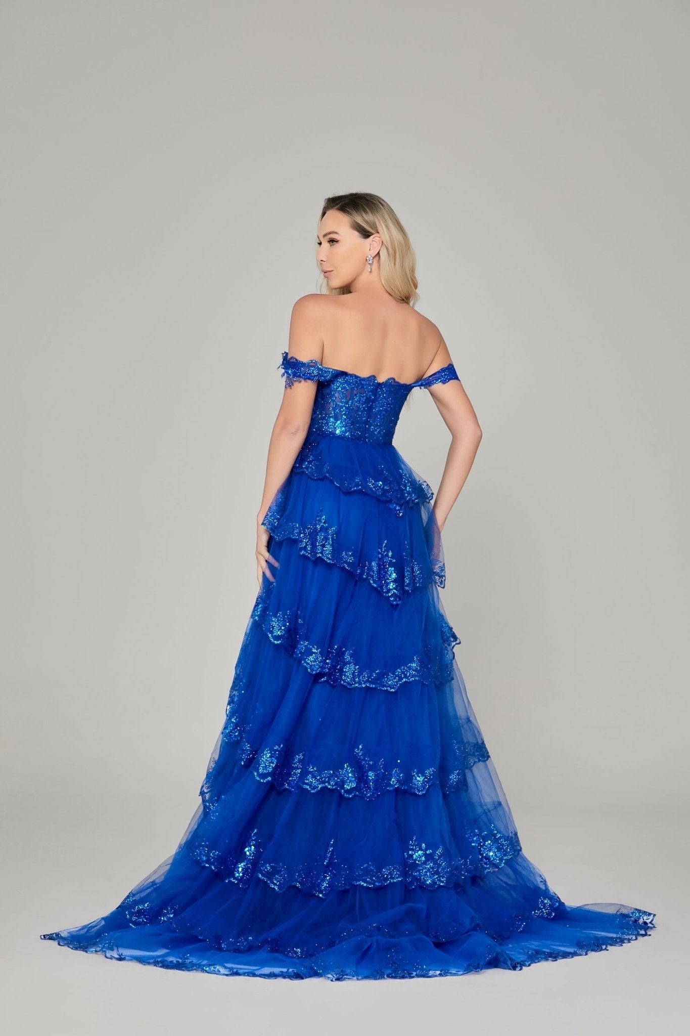 Honey Couture NATASHA Off Shoulder Layered Tulle Ball Gown Formal Dress