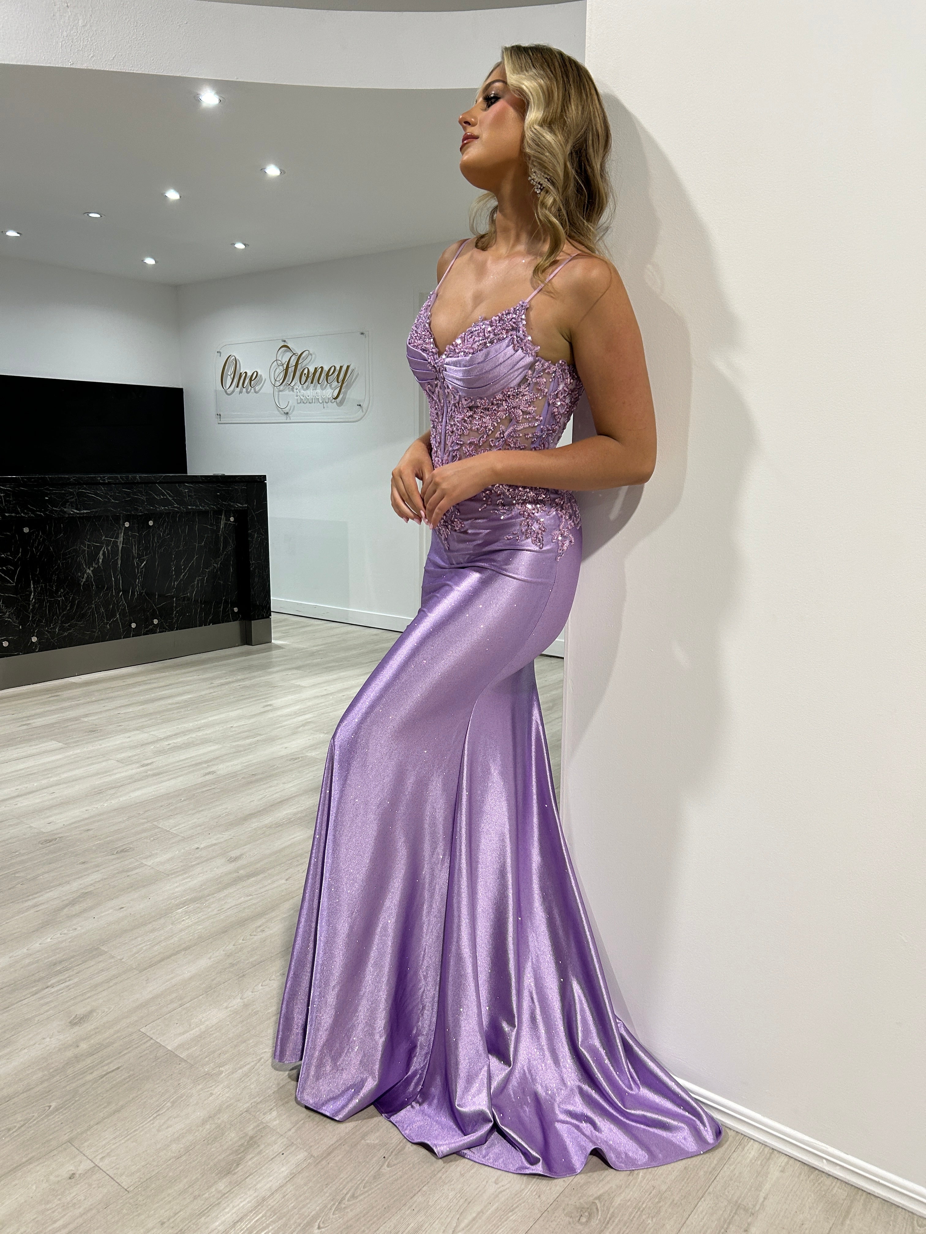 OLYMIA Embellished Bustier Stretch Glitter Satin Mermaid Formal Dress