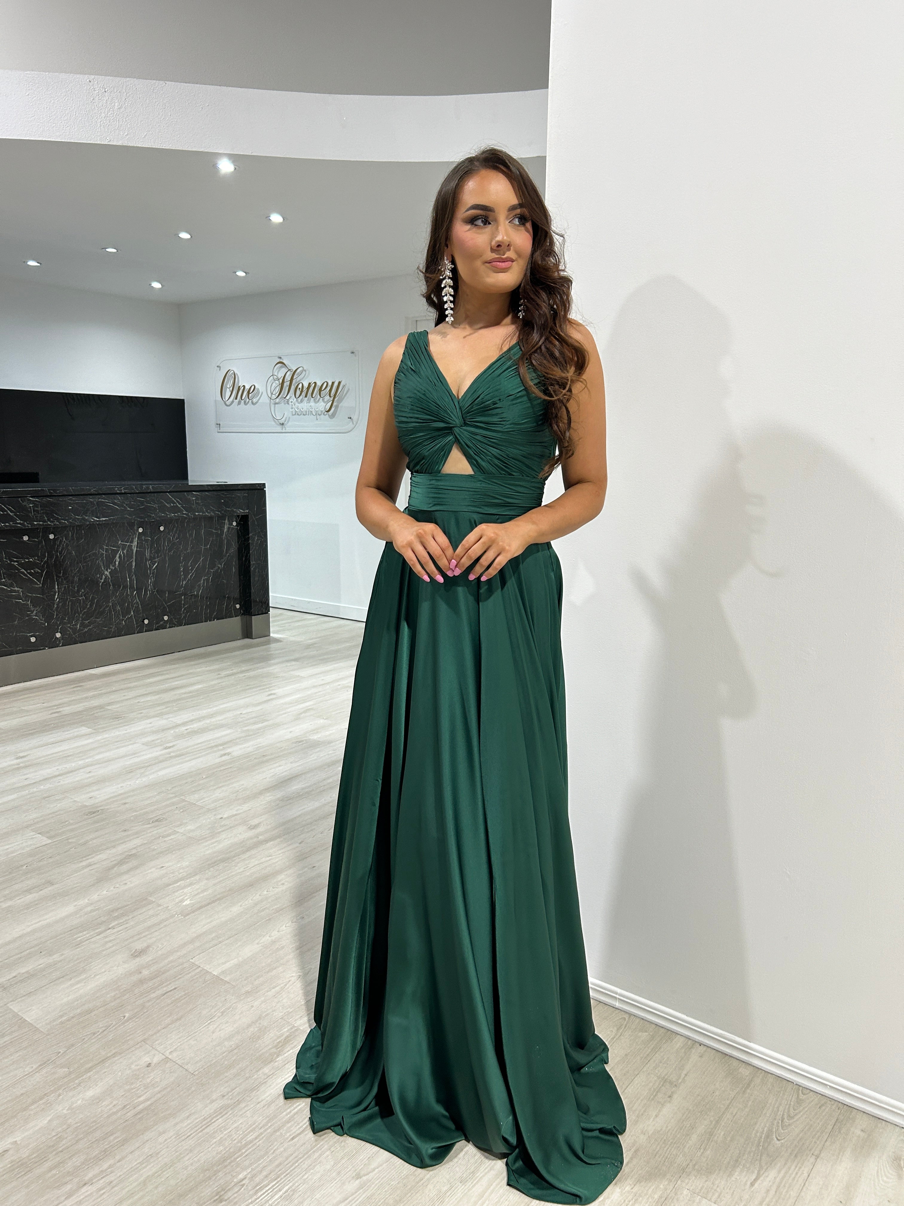 Honey Couture WILLOWMENA Emerald Green Keyhole Silky A Line Bridesmaid