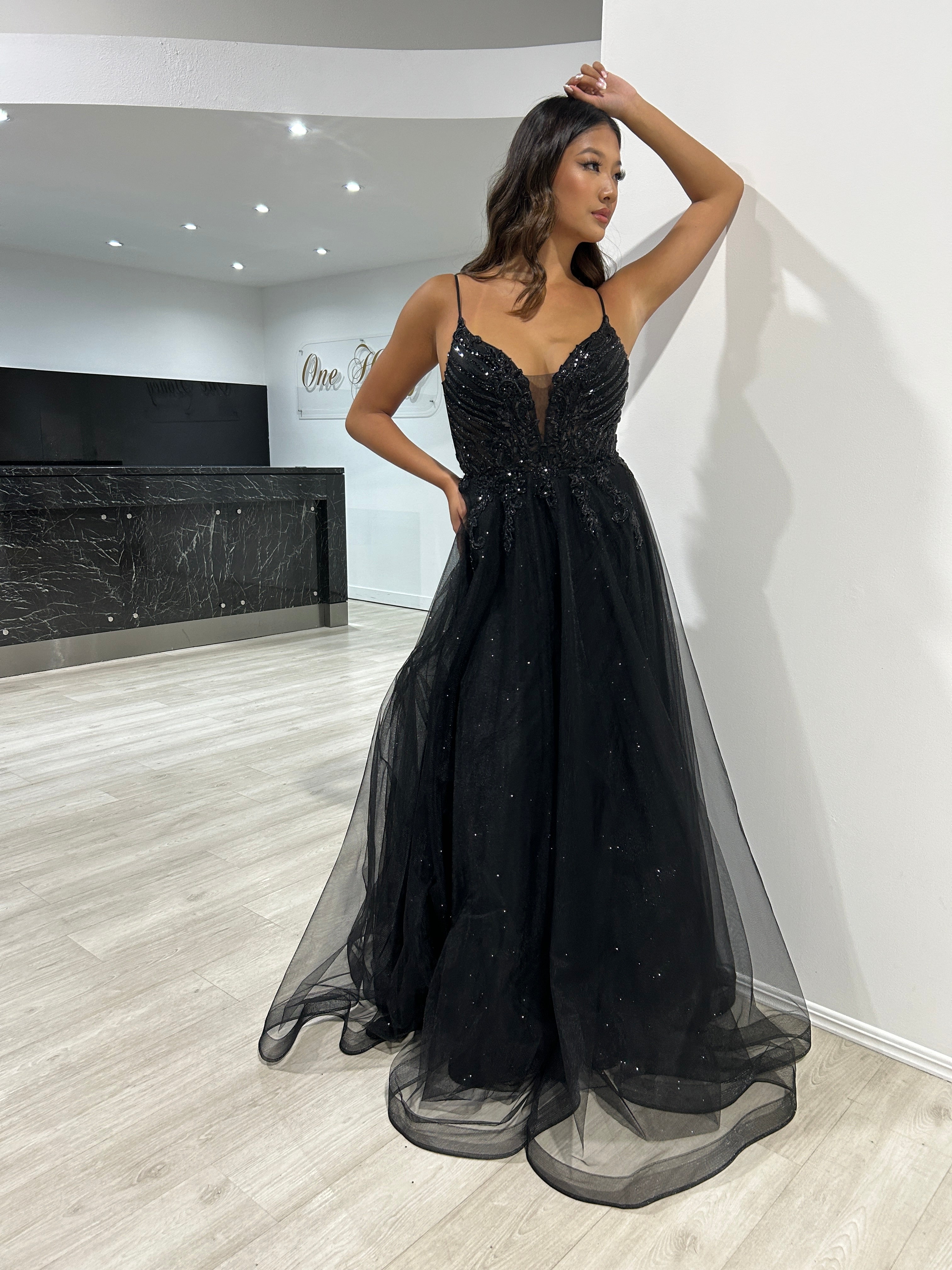 Honey Couture ADELA Black Tulle Diamante A Line Formal Dress