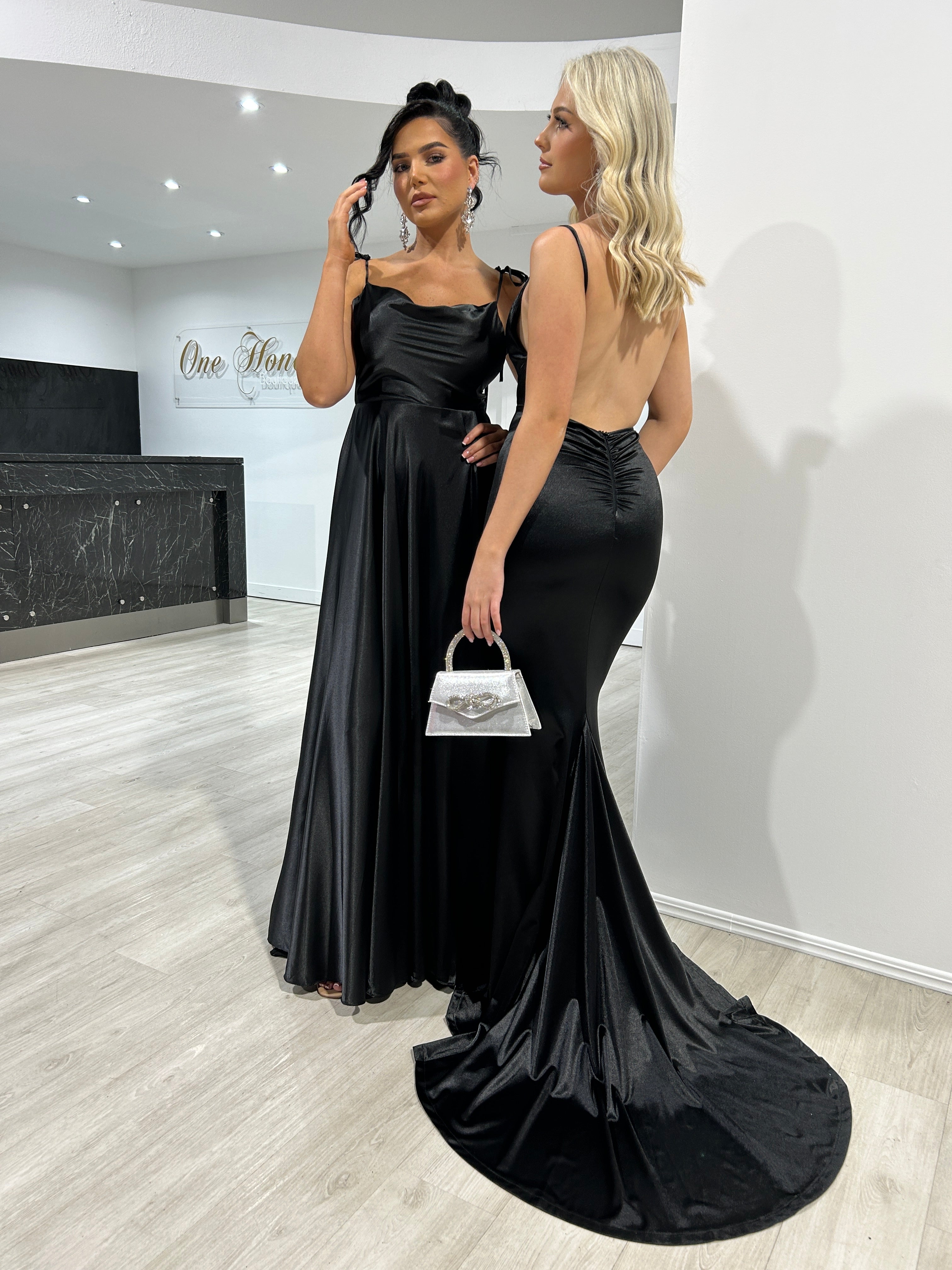 Honey Couture Kylie Black Low Back Bum Ruched Mermaid Evening Gown Dre