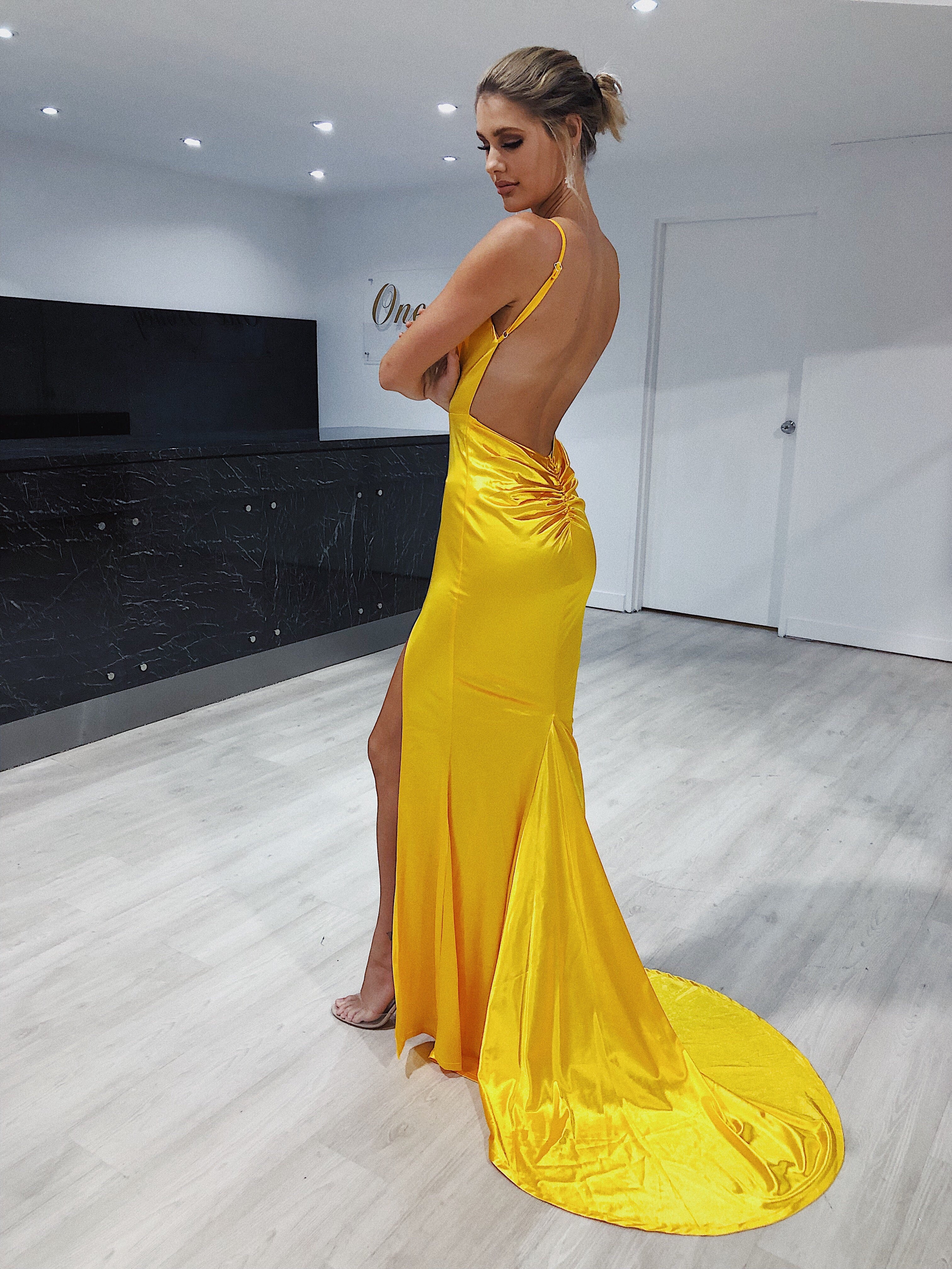 Yellow Prom School Formal Dresses Low Back Mermaid Gown One Honey