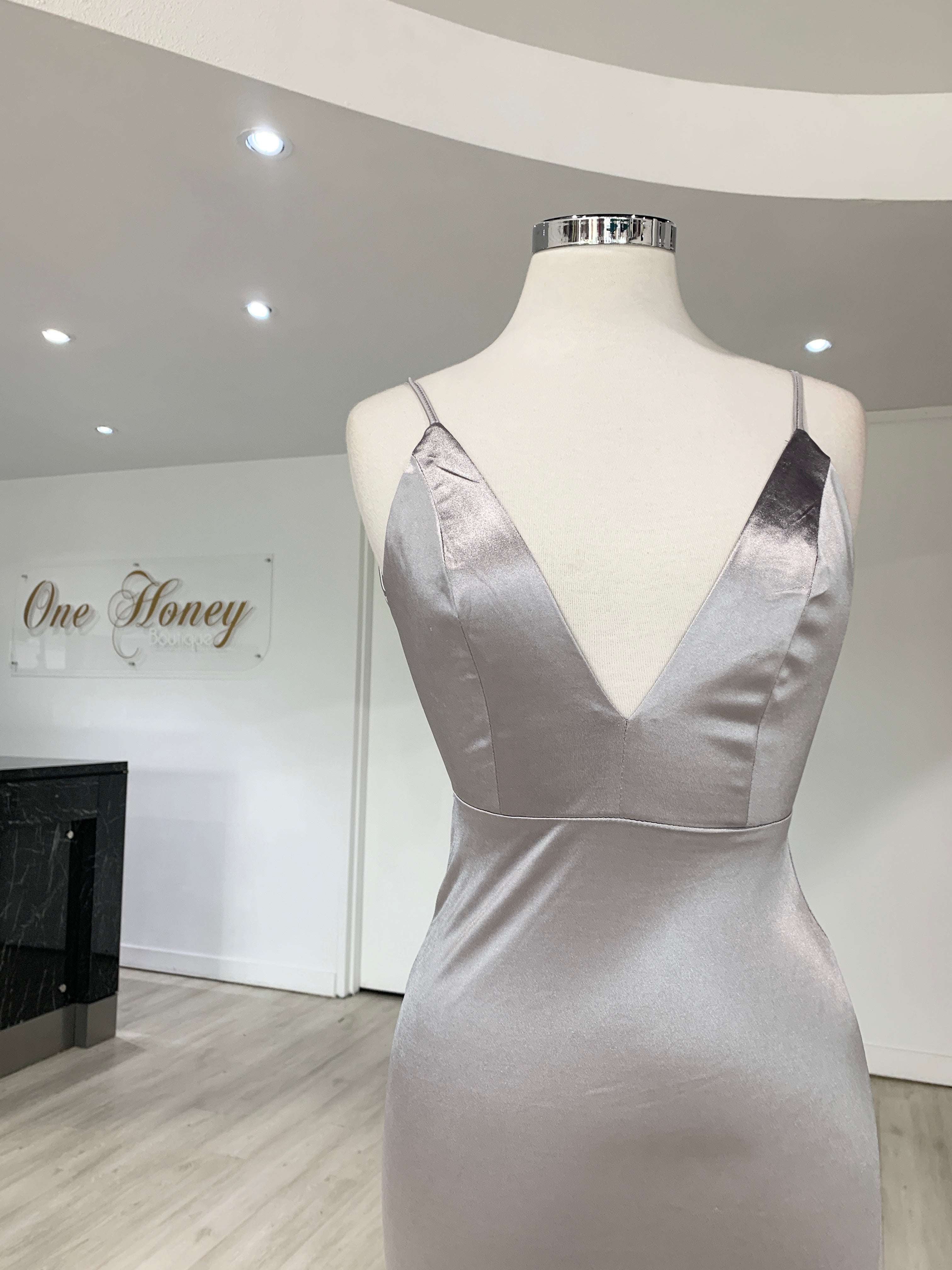 Honey Couture MILEE Silver Grey Low Back Mermaid Evening Gown Dress {vendor} AfterPay Humm ZipPay LayBuy Sezzle