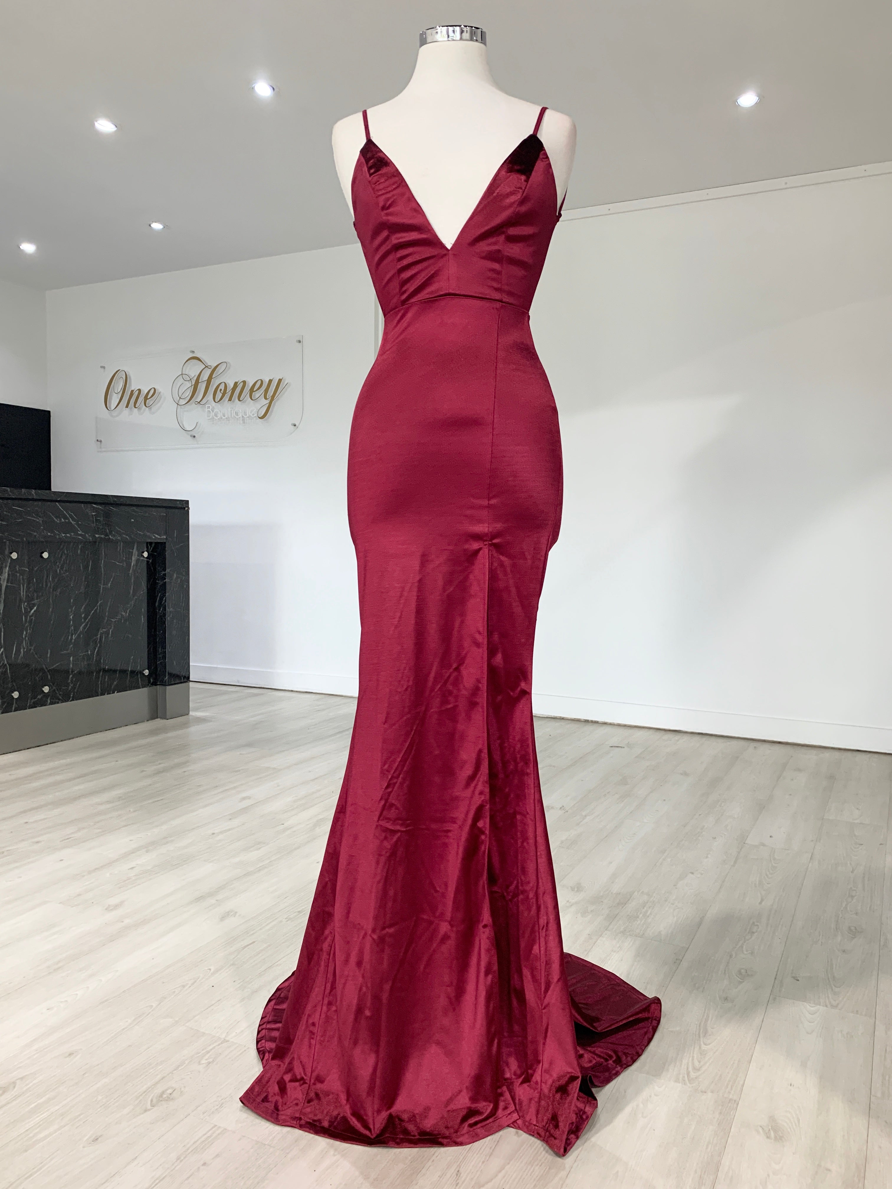 Honey Couture MILEE Berry Split Low Back Mermaid Evening Gown Dress {vendor} AfterPay Humm ZipPay LayBuy Sezzle