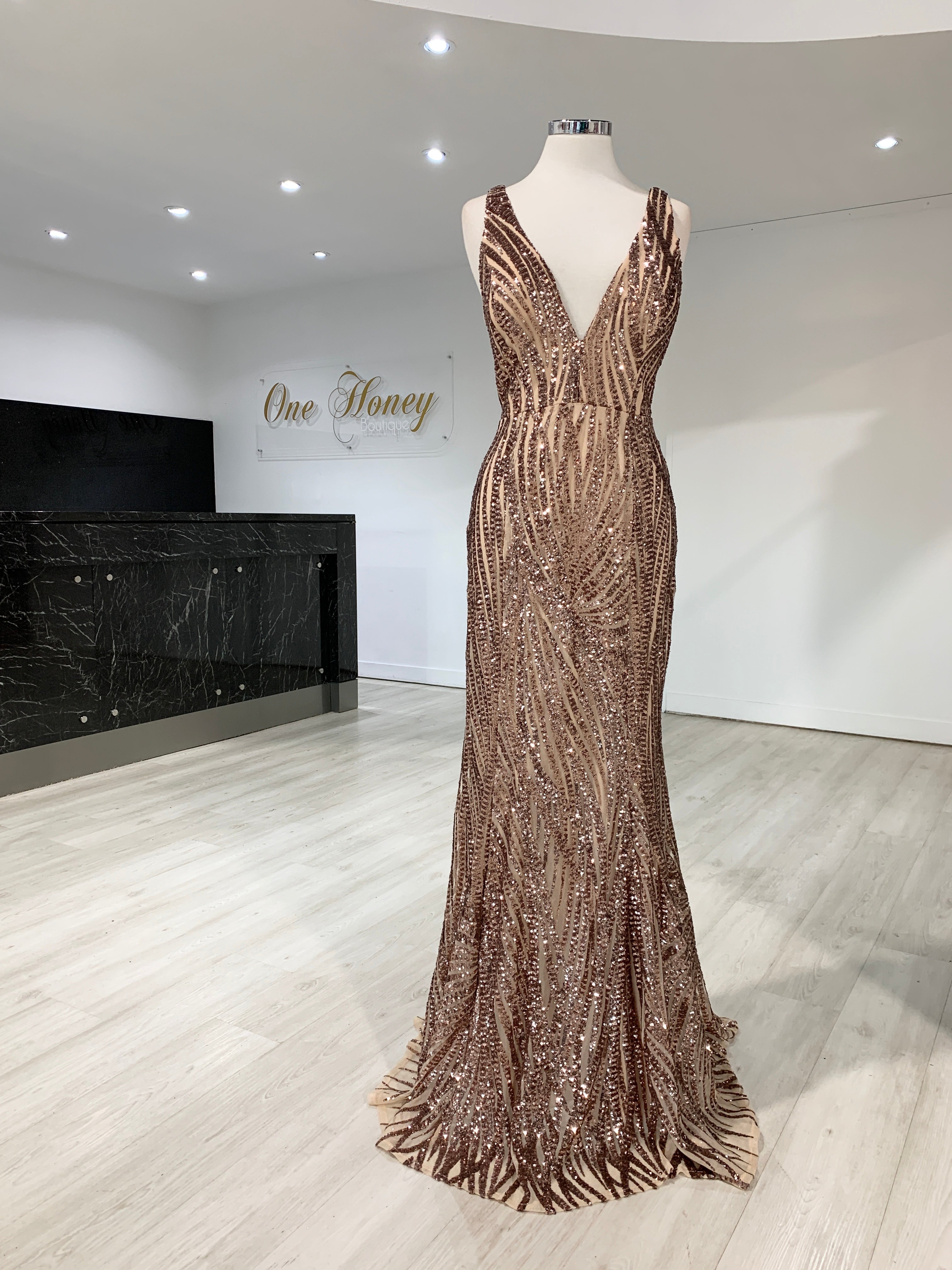 Honey Couture YASMIN Rose Gold Sequin Formal Gown {vendor} AfterPay Humm ZipPay LayBuy Sezzle