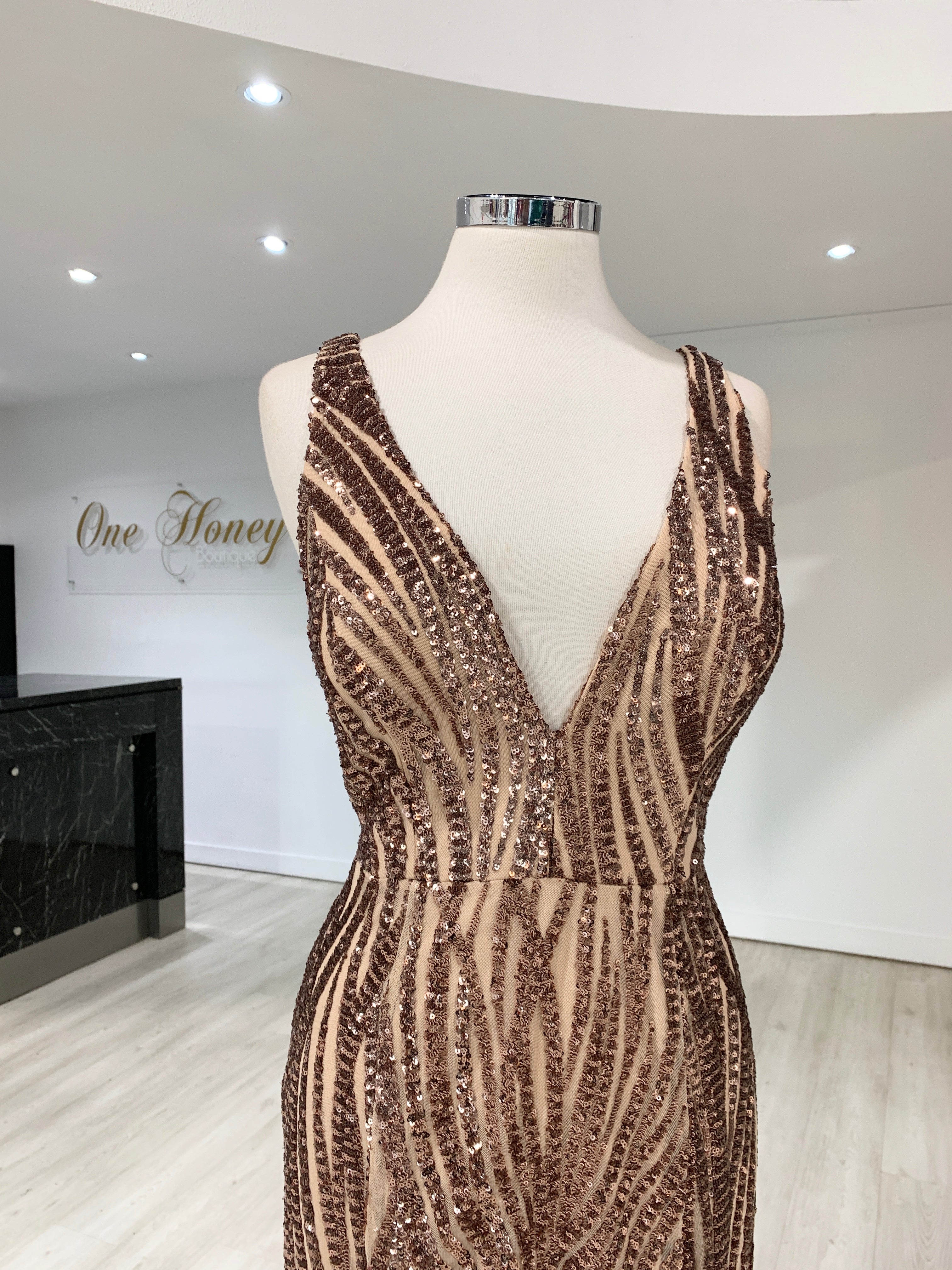 Honey Couture YASMIN Rose Gold Sequin Formal Gown {vendor} AfterPay Humm ZipPay LayBuy Sezzle