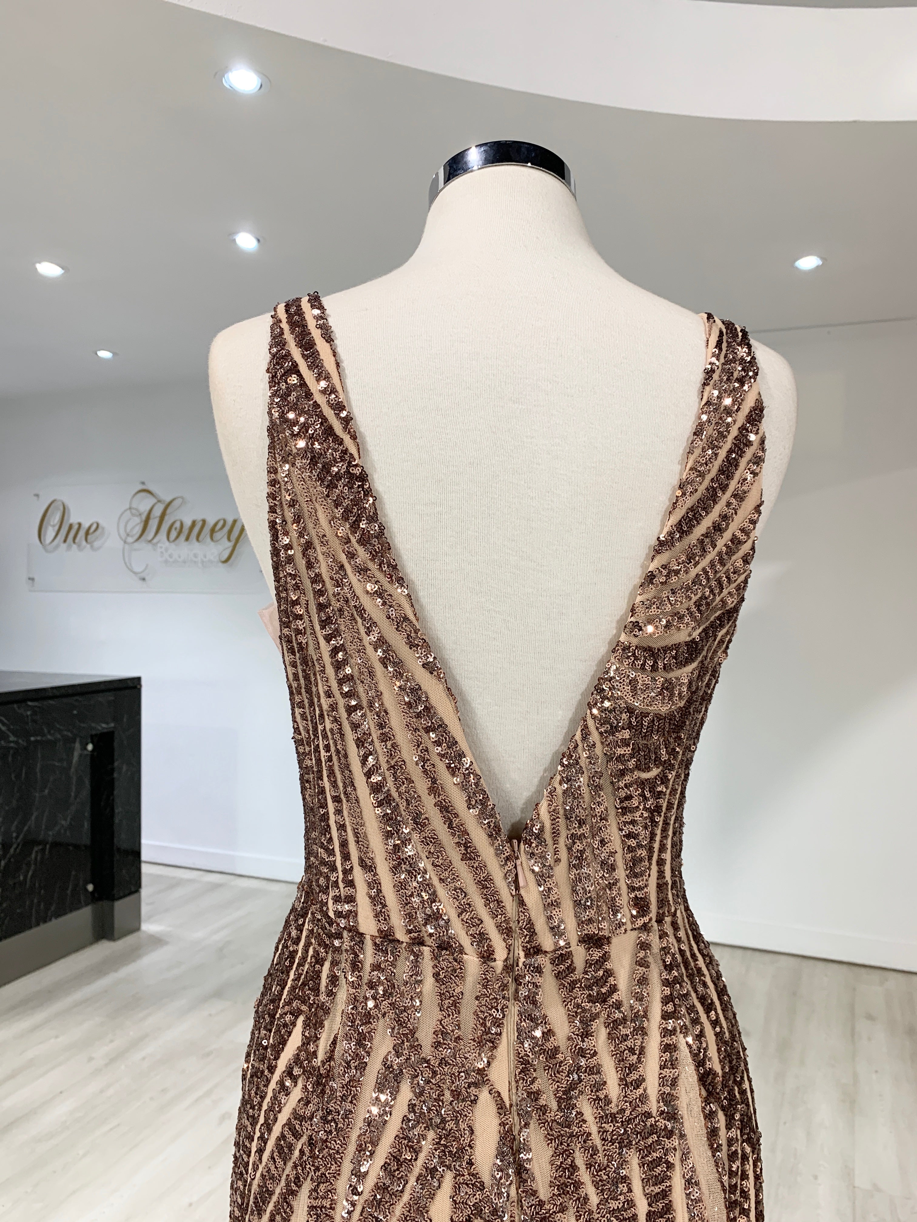 Honey Couture YASMIN Rose Gold Sequin Formal Gown {vendor} AfterPay Humm ZipPay LayBuy Sezzle