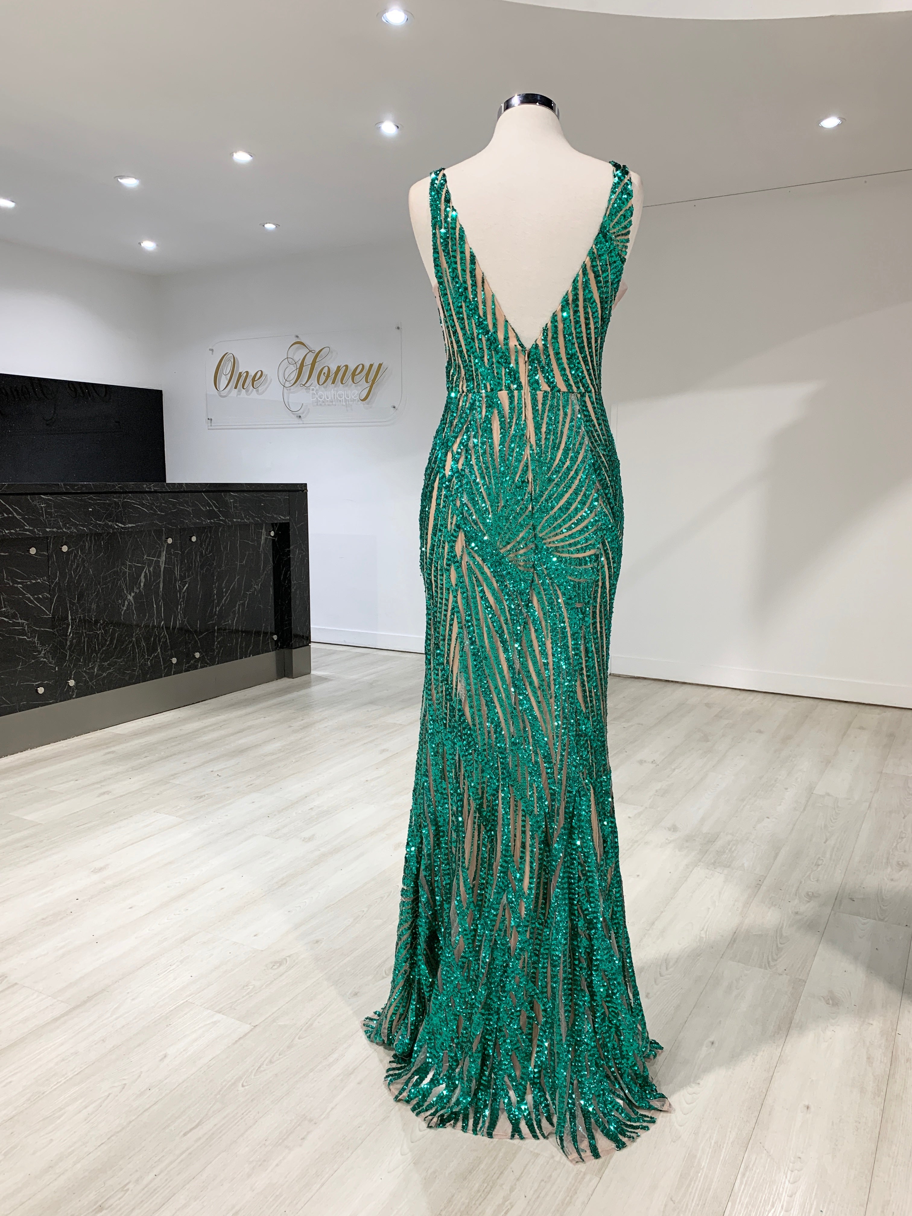 Honey Couture YASMIN Emerald Green Sequin Formal Gown {vendor} AfterPay Humm ZipPay LayBuy Sezzle