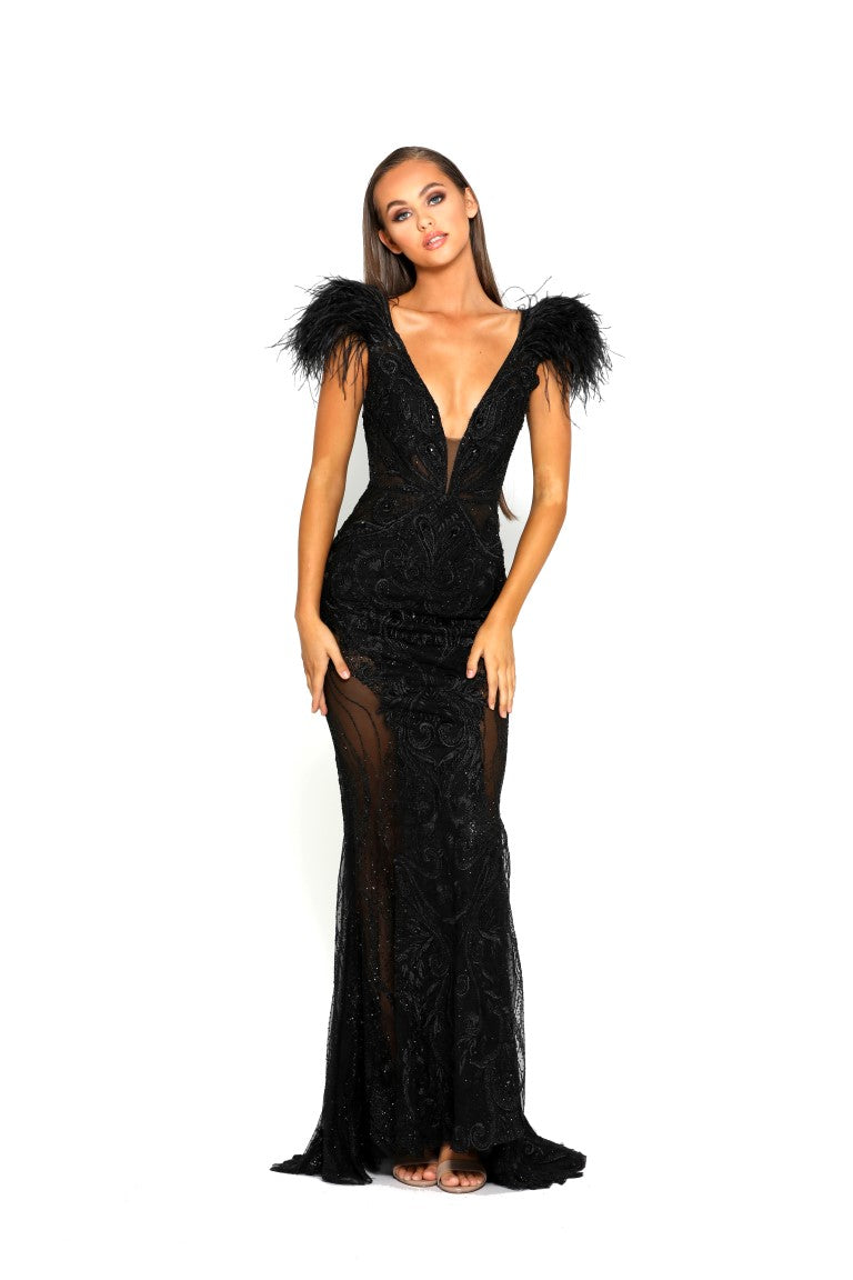 Black evening clearance gown with feathers