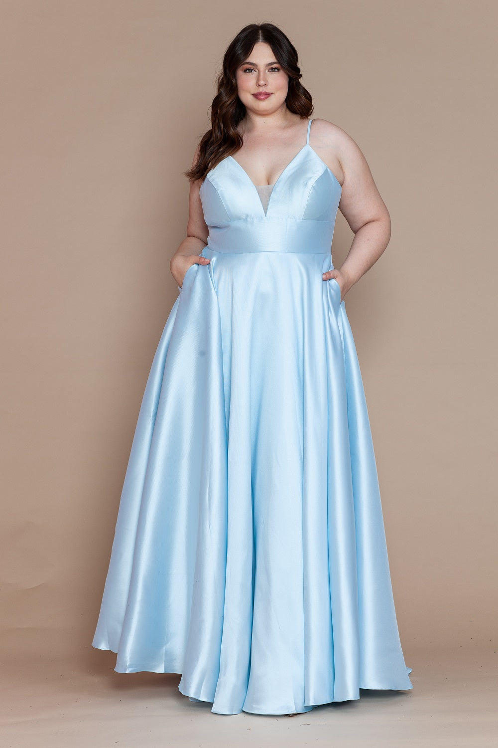 KHALYN Curve Plus Size Plunging V-Neck Satin Prom & Formal Dress