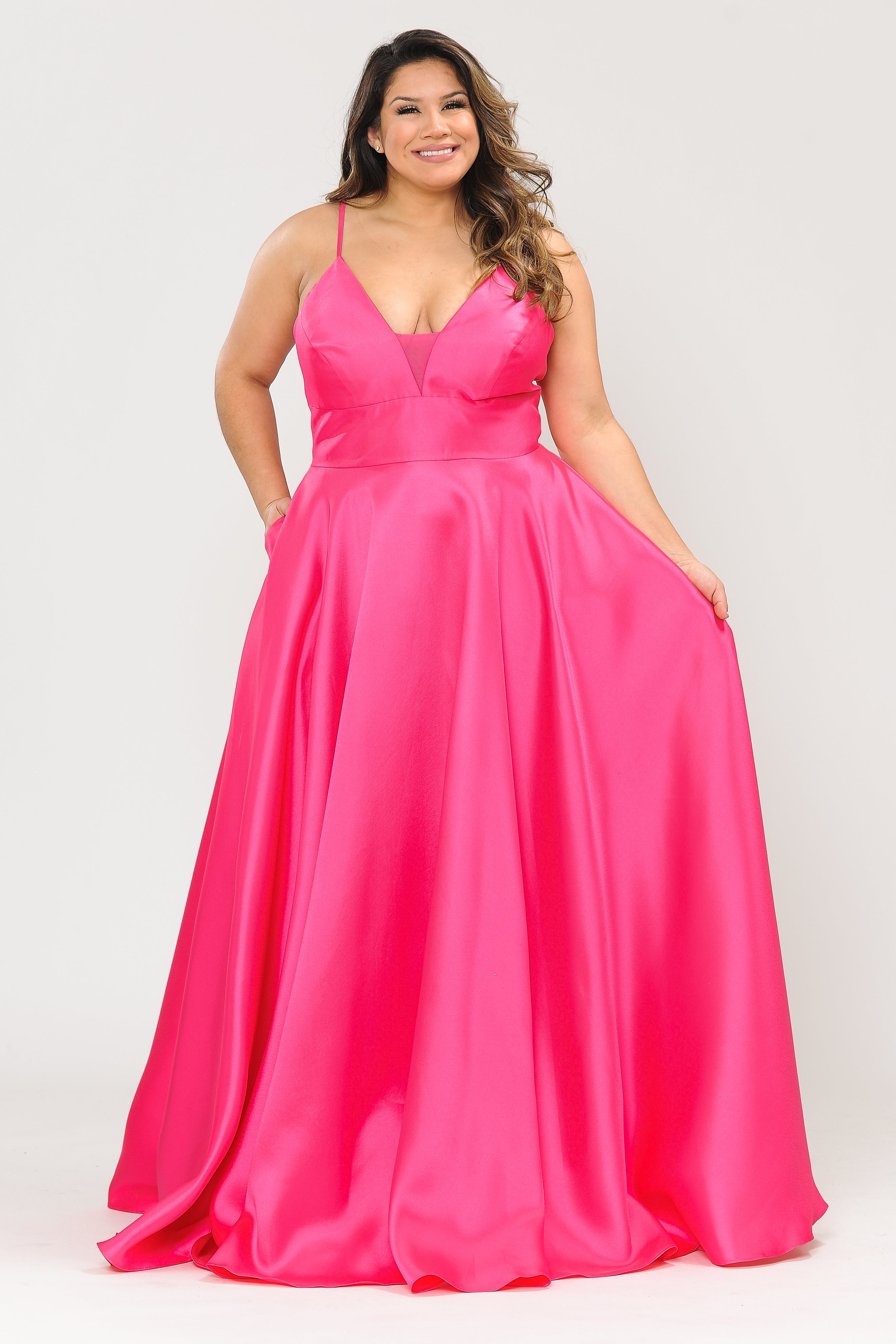 KHALYN Curve Plus Size Plunging V-Neck Satin Prom & Formal Dress