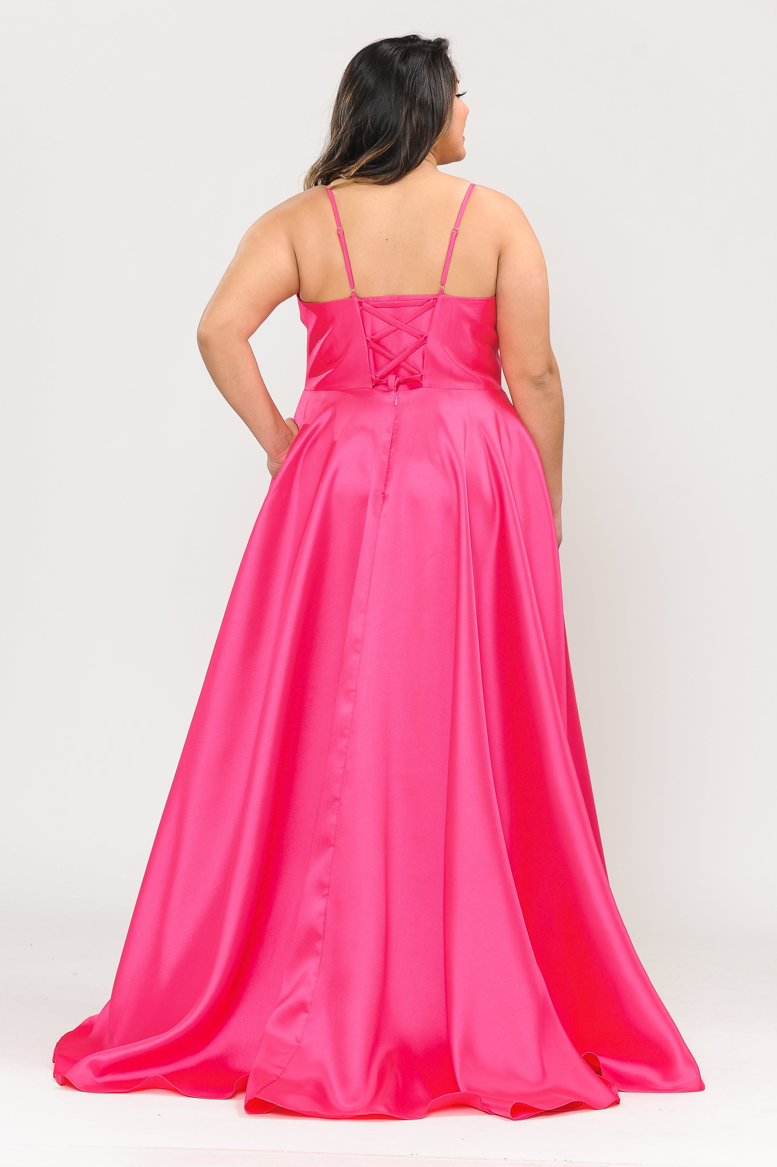 KHALYN Curve Plus Size Plunging V-Neck Satin Prom & Formal Dress