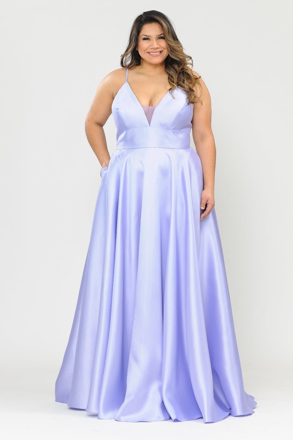 KHALYN Curve Plus Size Plunging V-Neck Satin Prom & Formal Dress