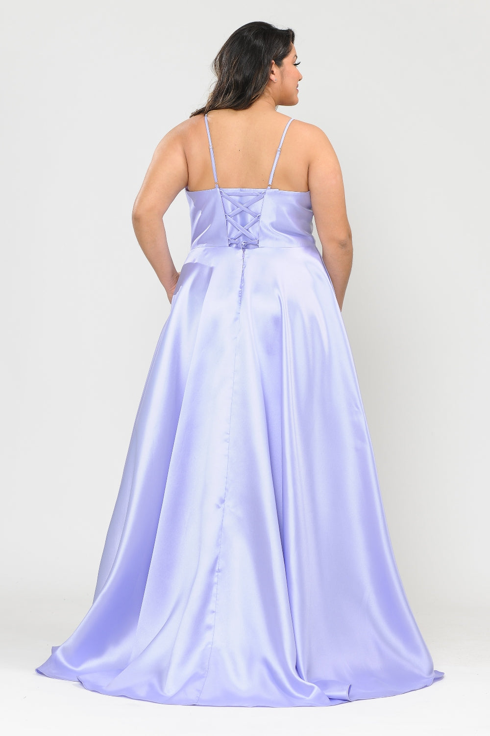 KHALYN Curve Plus Size Plunging V-Neck Satin Prom & Formal Dress