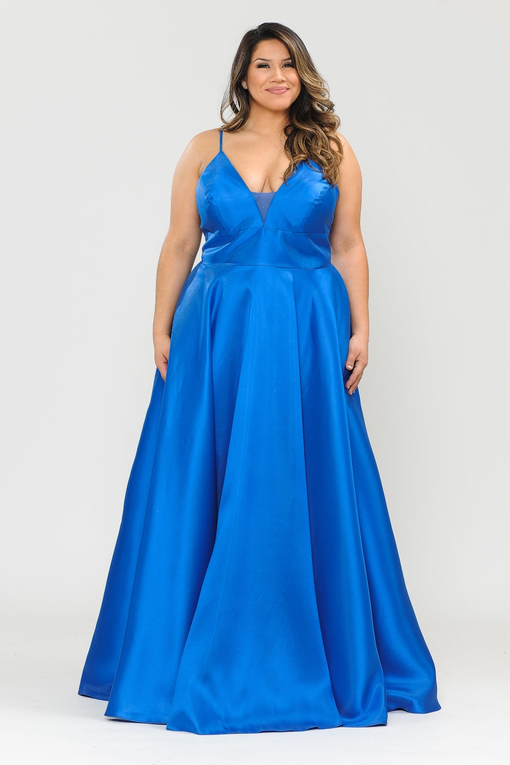 KHALYN Curve Plus Size Plunging V-Neck Satin Prom & Formal Dress