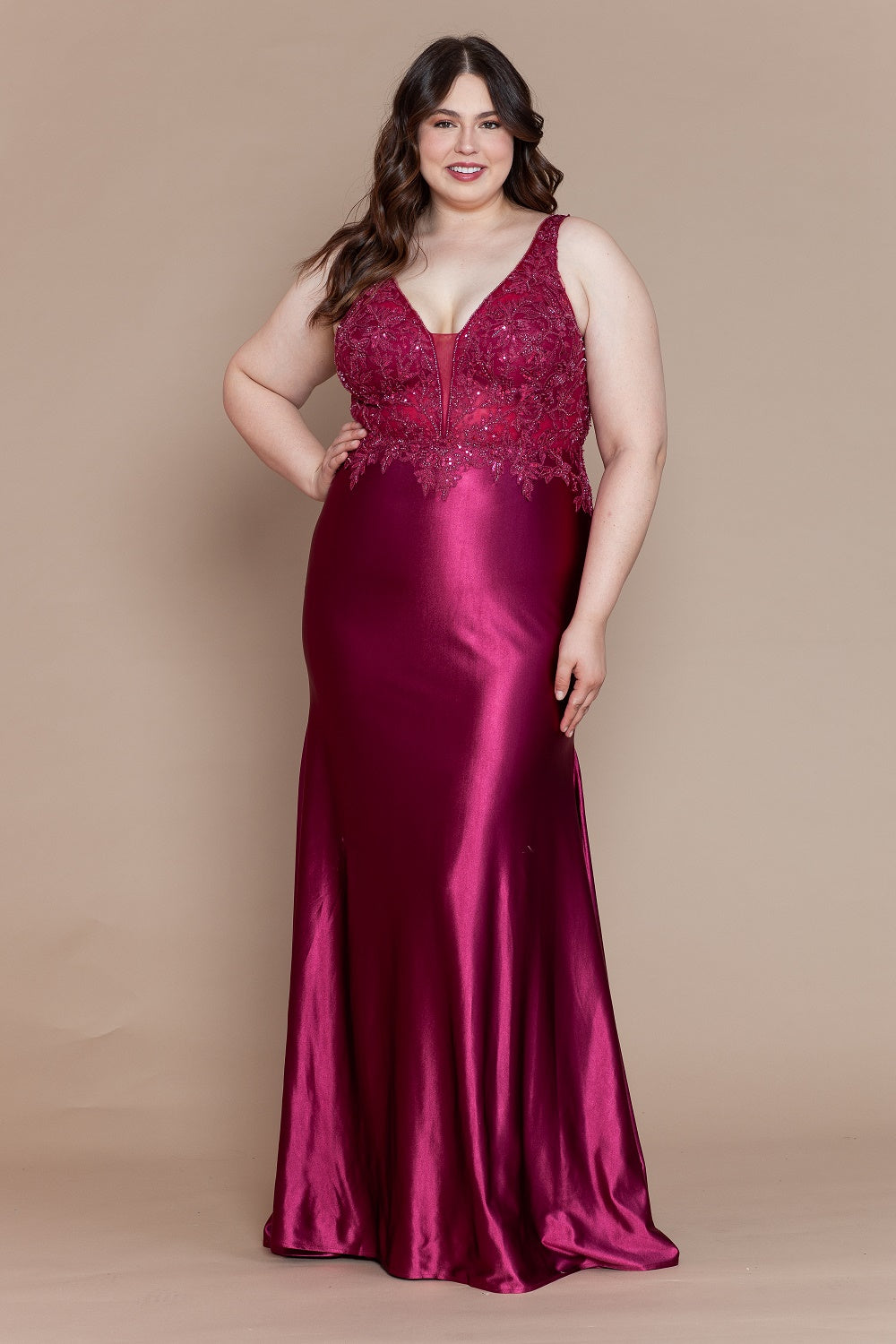 LUCCI Curve Plus Size Embroidered V-Neck Prom & Formal Dress