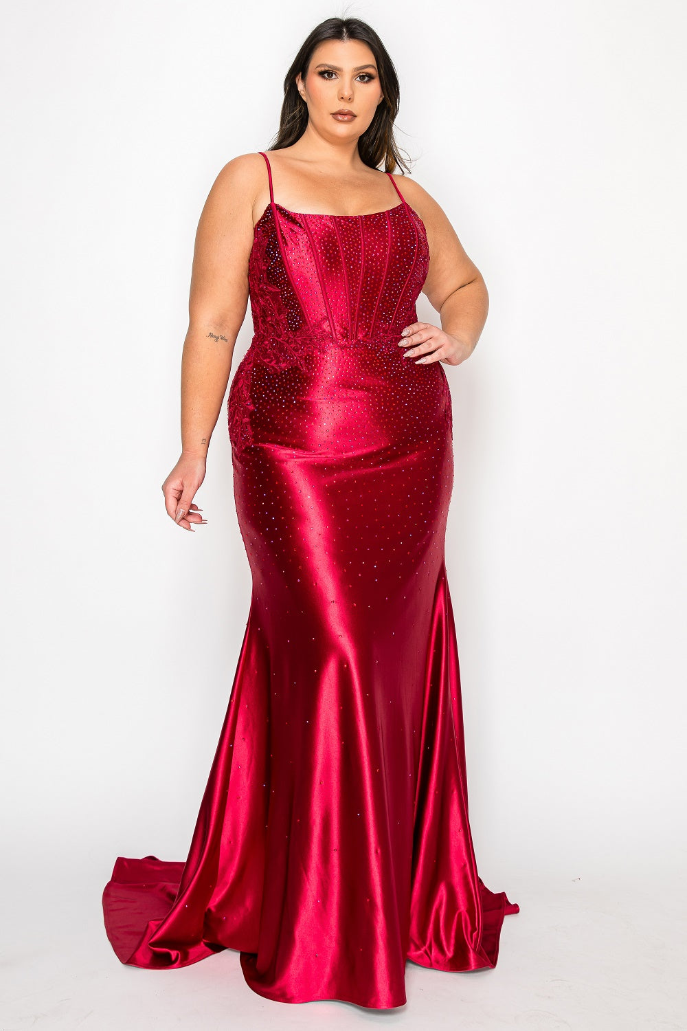 KAYLEIE Curve Plus Size Beaded Satin Prom & Formal Dress