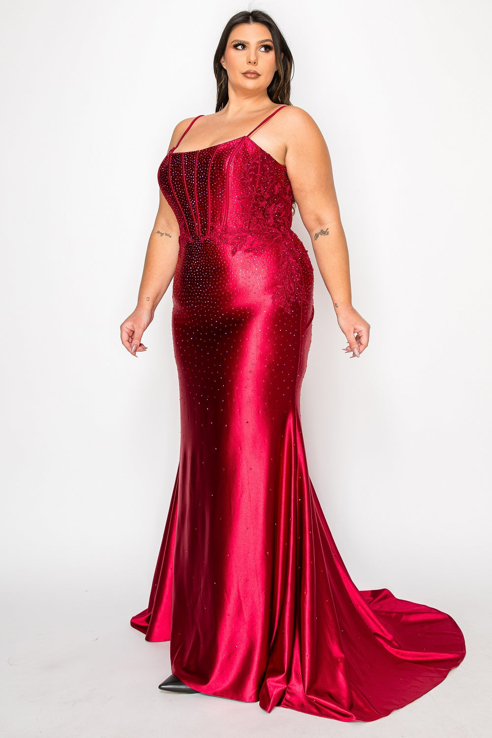 KAYLEIE Curve Plus Size Beaded Satin Prom & Formal Dress