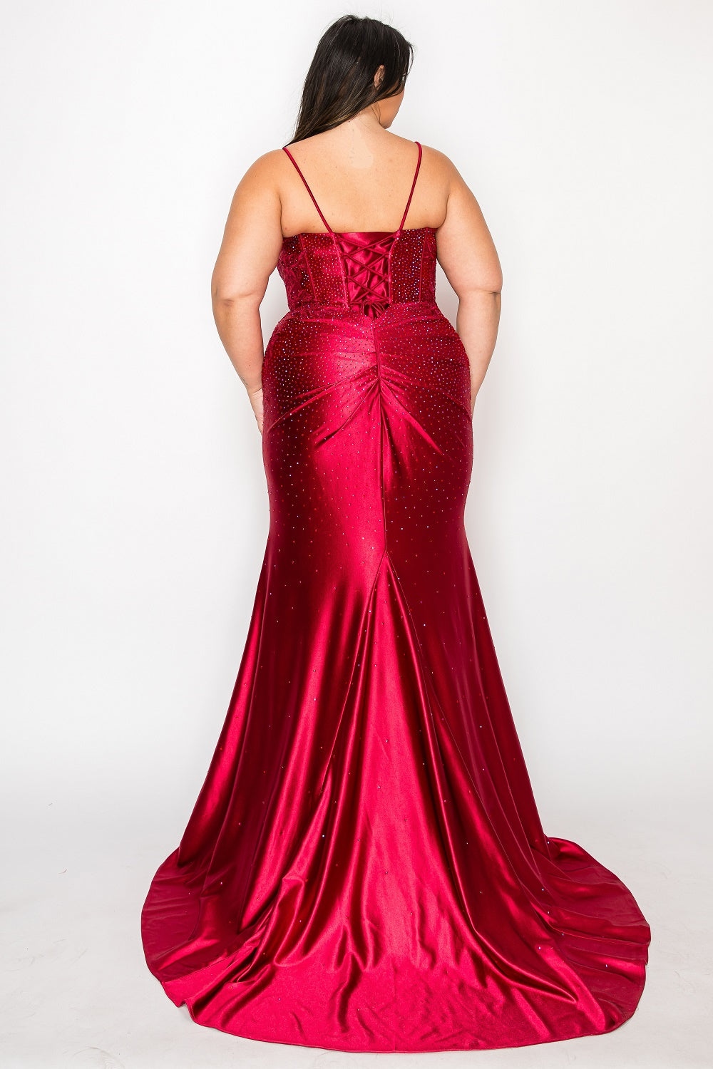 KAYLEIE Curve Plus Size Beaded Satin Prom & Formal Dress