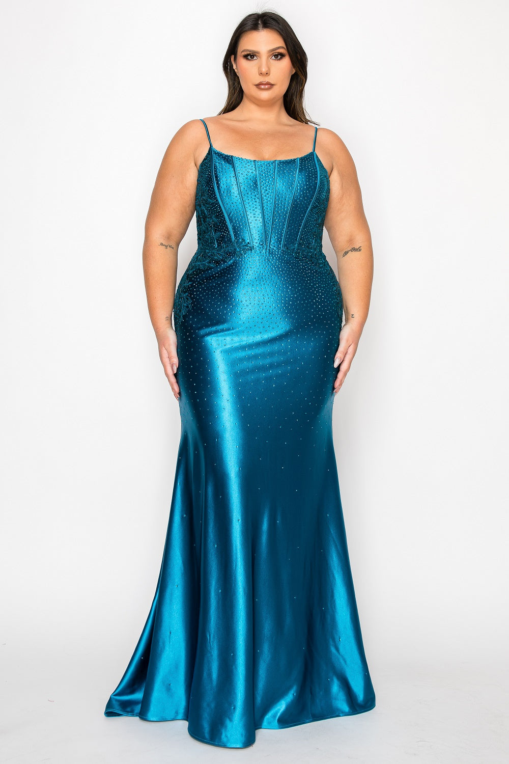 KAYLEIE Curve Plus Size Beaded Satin Prom & Formal Dress