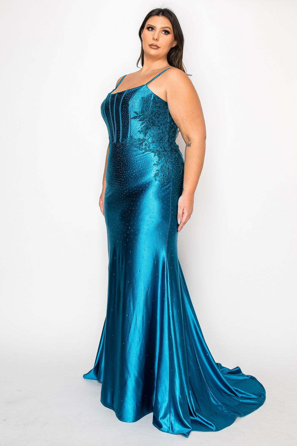 KAYLEIE Curve Plus Size Beaded Satin Prom & Formal Dress