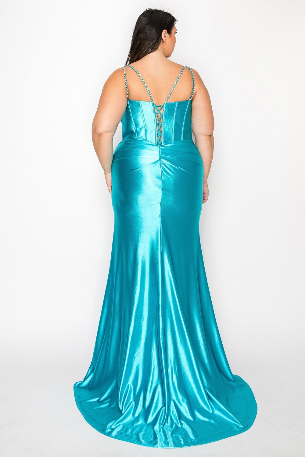 LYN Curve Plus Size Fitted Satin Beaded Corset Prom & Formal Dress