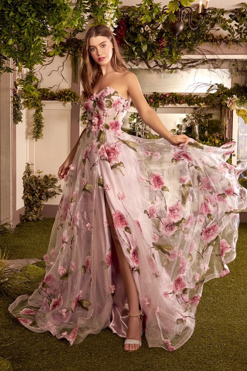 ROSA Rose Printed A-Line Organza Prom & Formal Dress