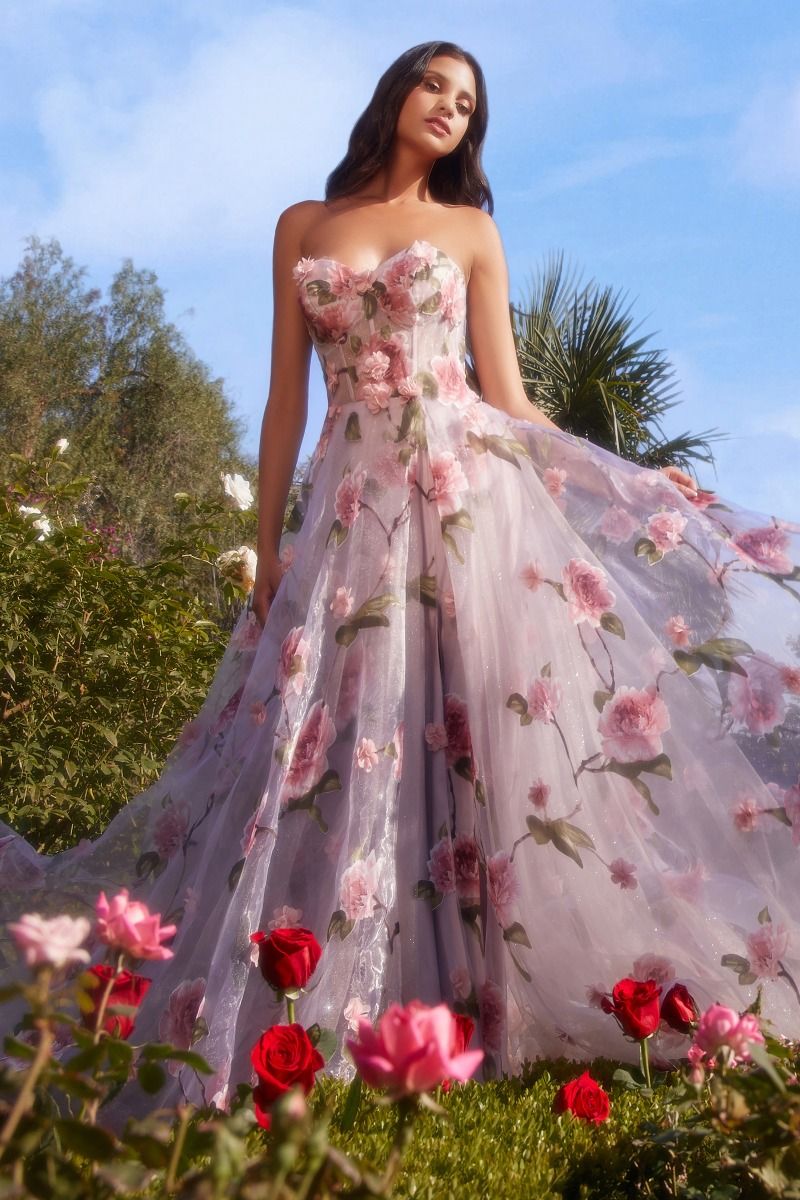 ROSA Rose Printed A-Line Organza Prom & Formal Dress