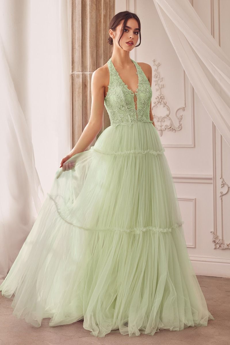 ALESKA Halter Neck Lace Tulle Formal & Prom Dress