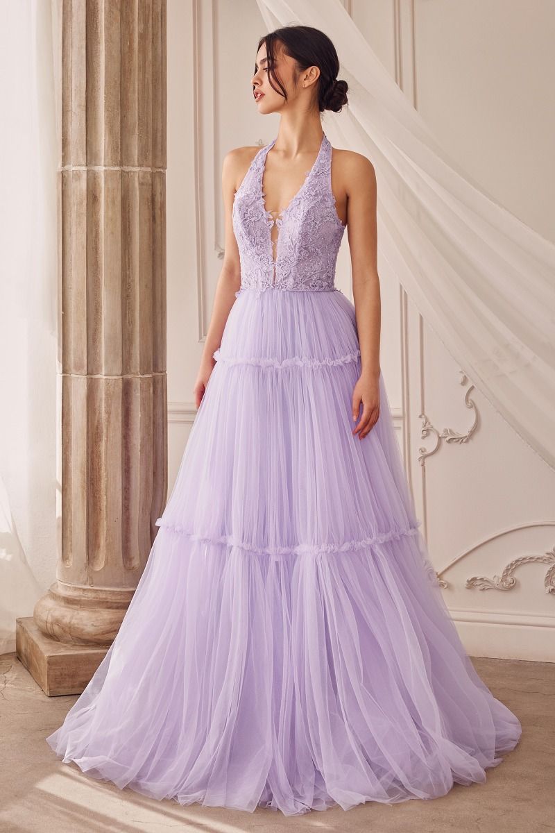 ALESKA Halter Neck Lace Tulle Formal & Prom Dress