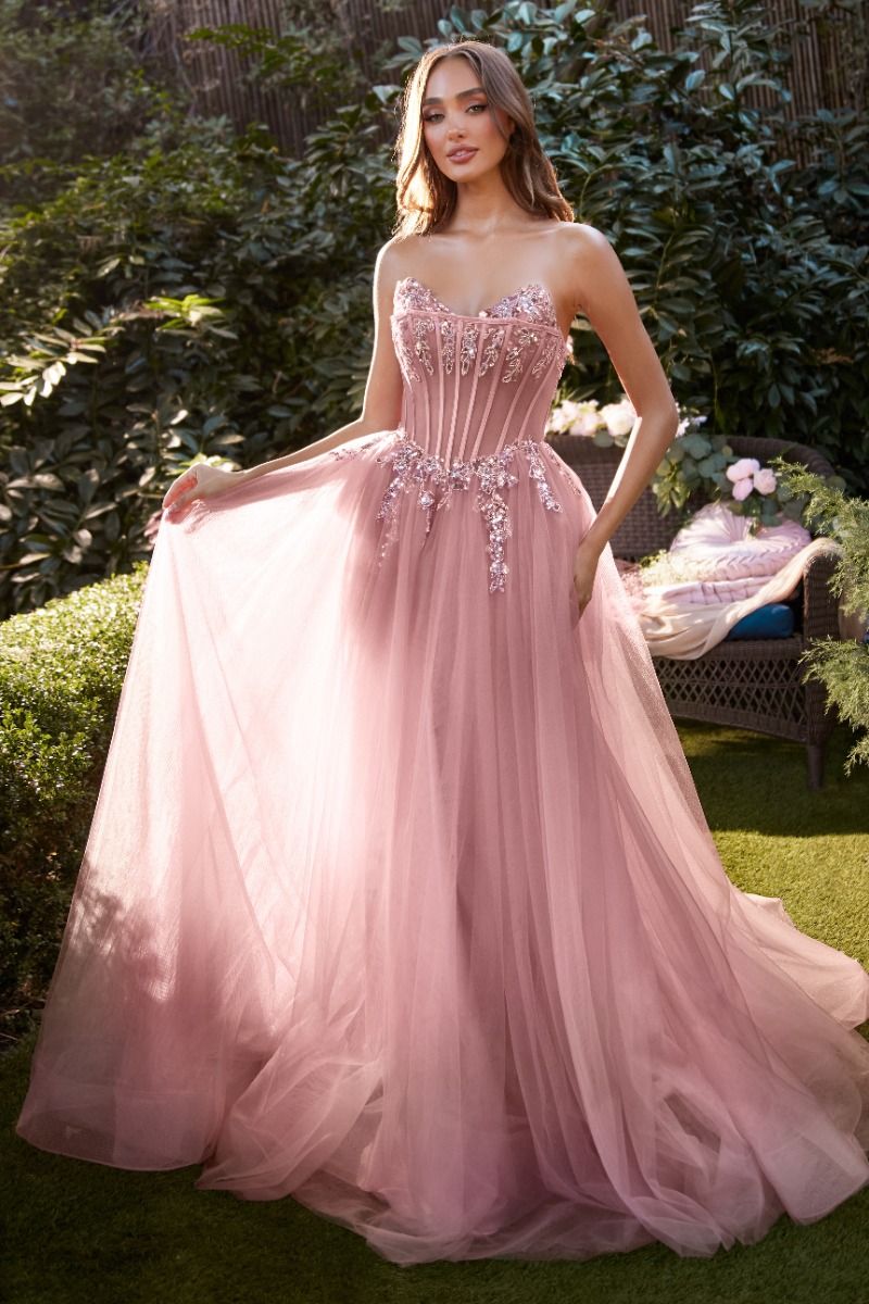 HAVEN Strapless Beaded Bodice Tulle Formal Evening Dress