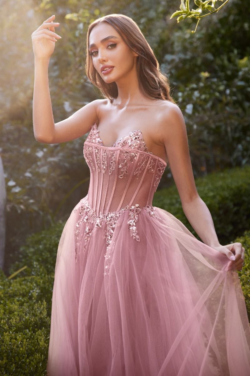 HAVEN Strapless Beaded Bodice Tulle Formal Evening Dress