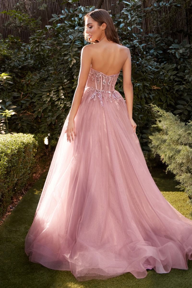 HAVEN Strapless Beaded Bodice Tulle Formal Evening Dress