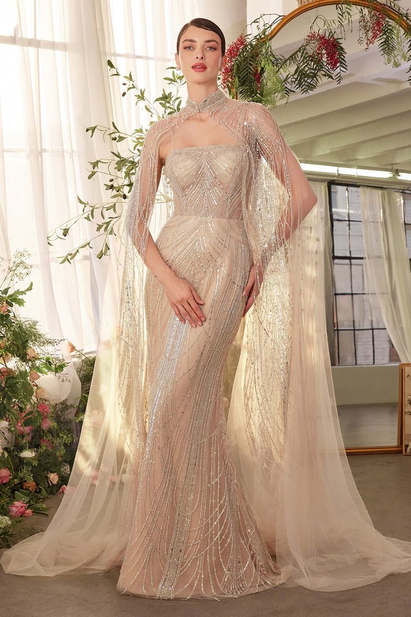 ARLETA Champagne Art Deco Beaded Gown & Cape Couture Formal Gown