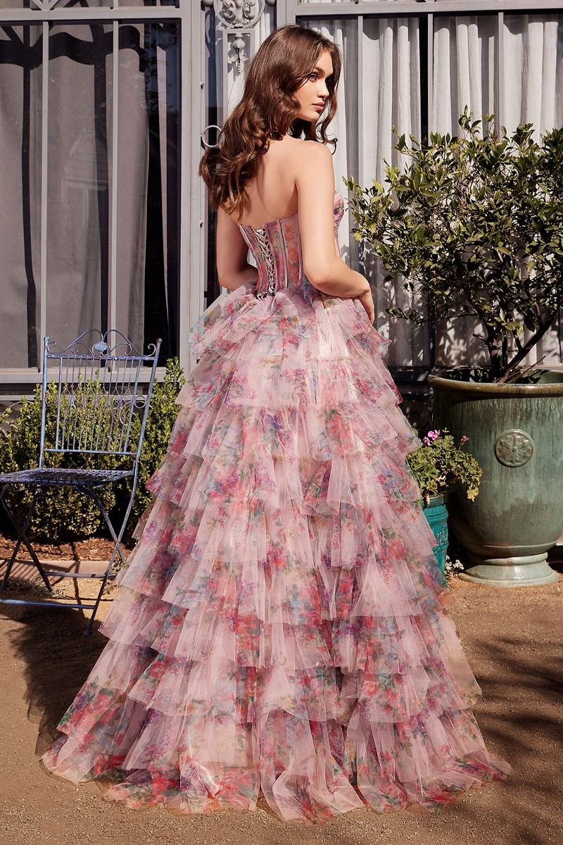 VALYA Strapless Print Ruffle Corset Prom & Formal Dress