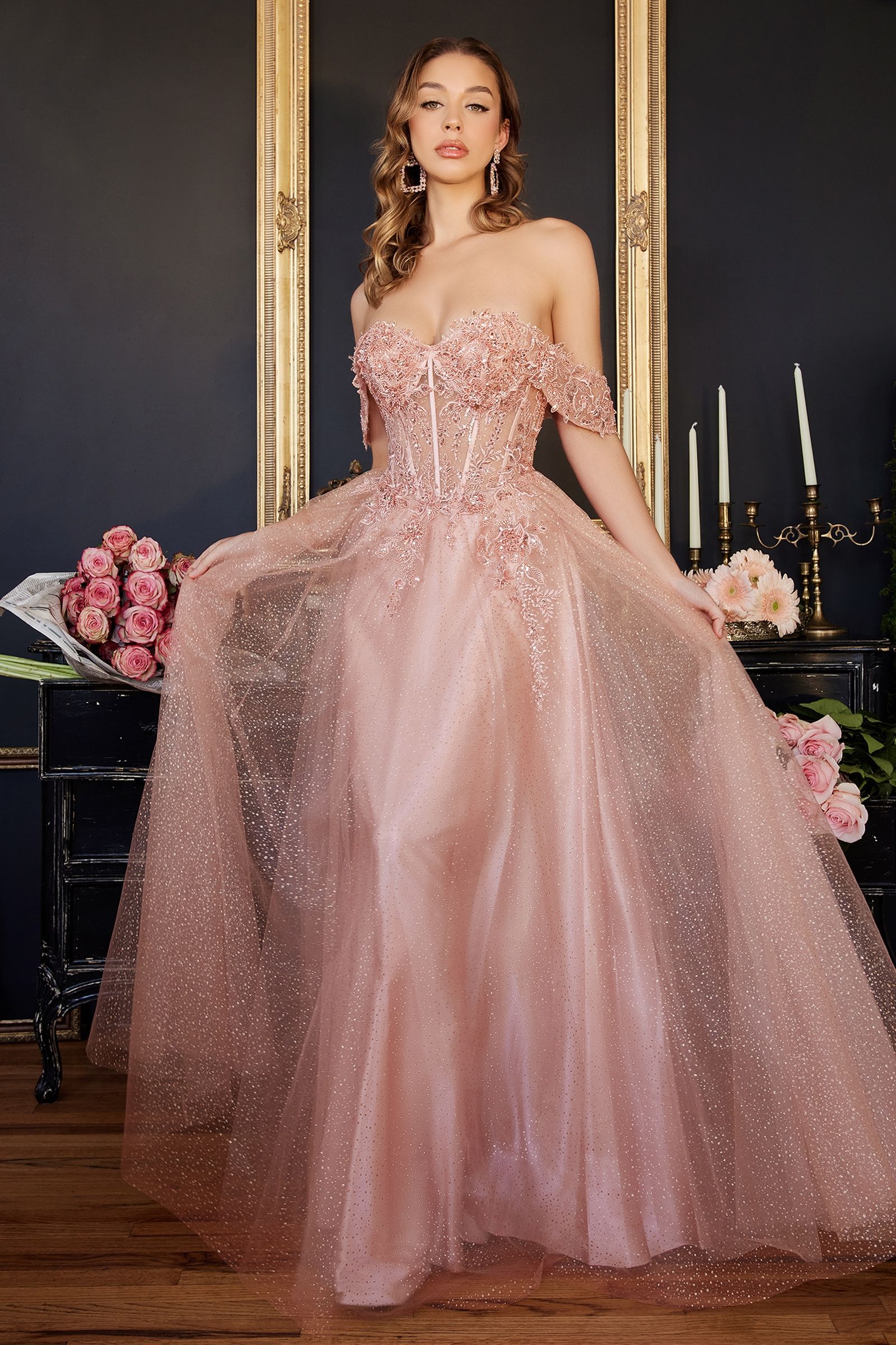 PHOEBE Off the Shoulder Bustier Lace Applique Tulle Formal Dress