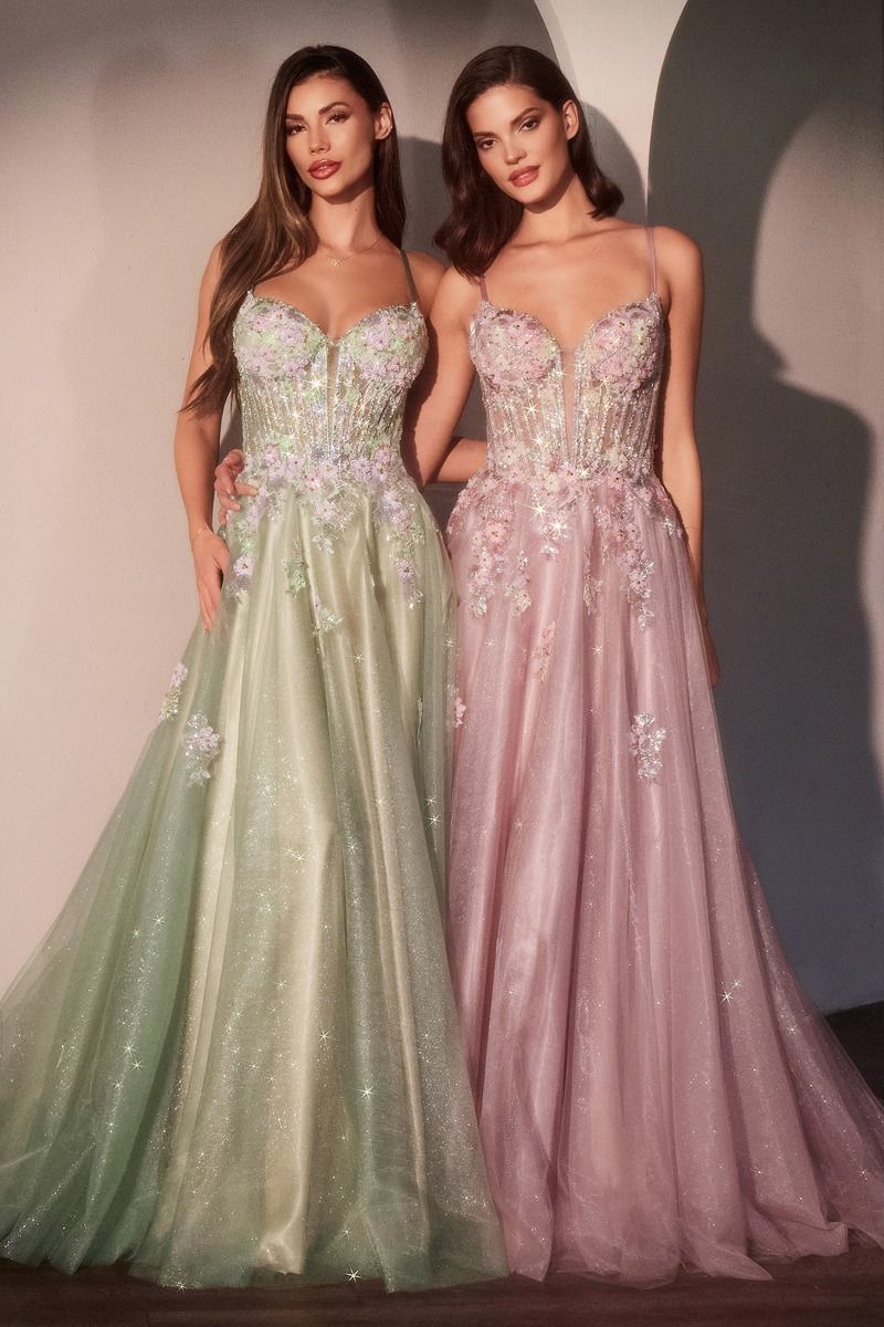 JEWEL Floral A Line Glitter Tulle Corset Prom & Formal Dress