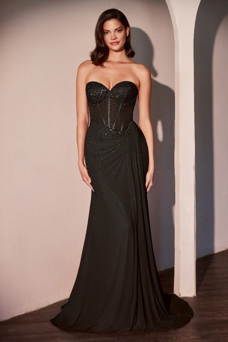 NAVERA Strapless Rhinestone Fitted Sash Prom Evening Dress