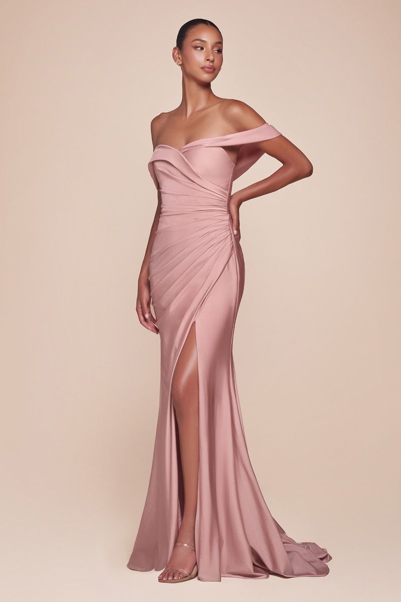 TERRI Off Shoulder Stretch Satin Bridesmaid Prom & Formal Dress