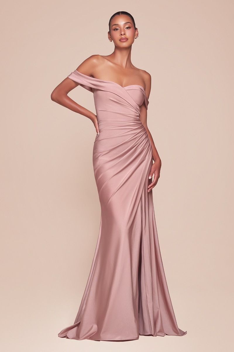 TERRI Off Shoulder Stretch Satin Bridesmaid Prom & Formal Dress