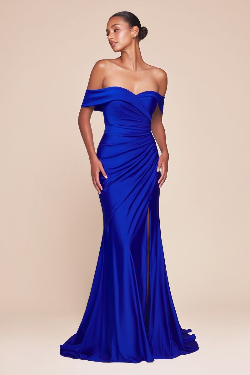 TERRI Off Shoulder Stretch Satin Bridesmaid Prom & Formal Dress