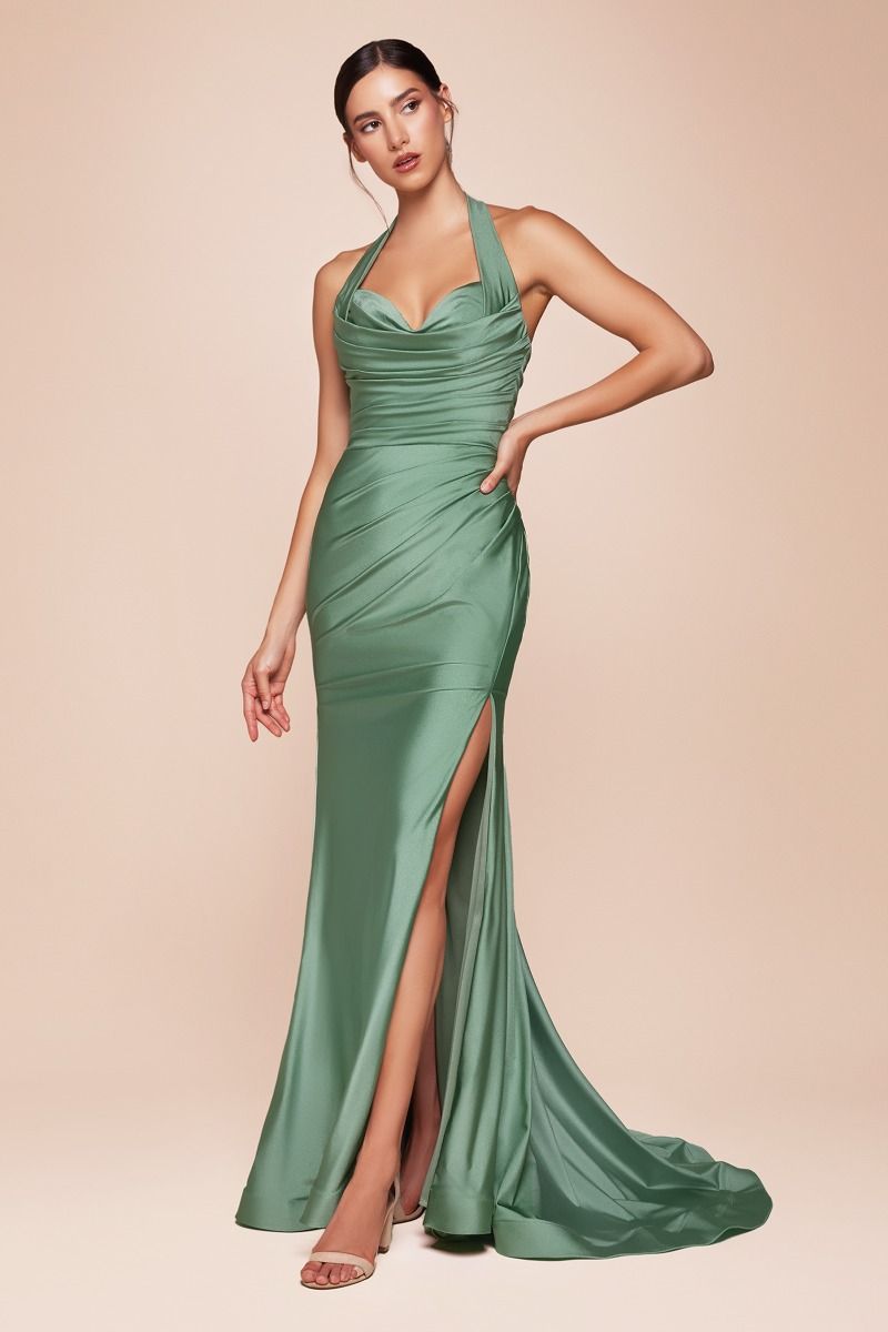 ZORA Halterneck Stretch Satin Mermaid Prom & Formal Dress